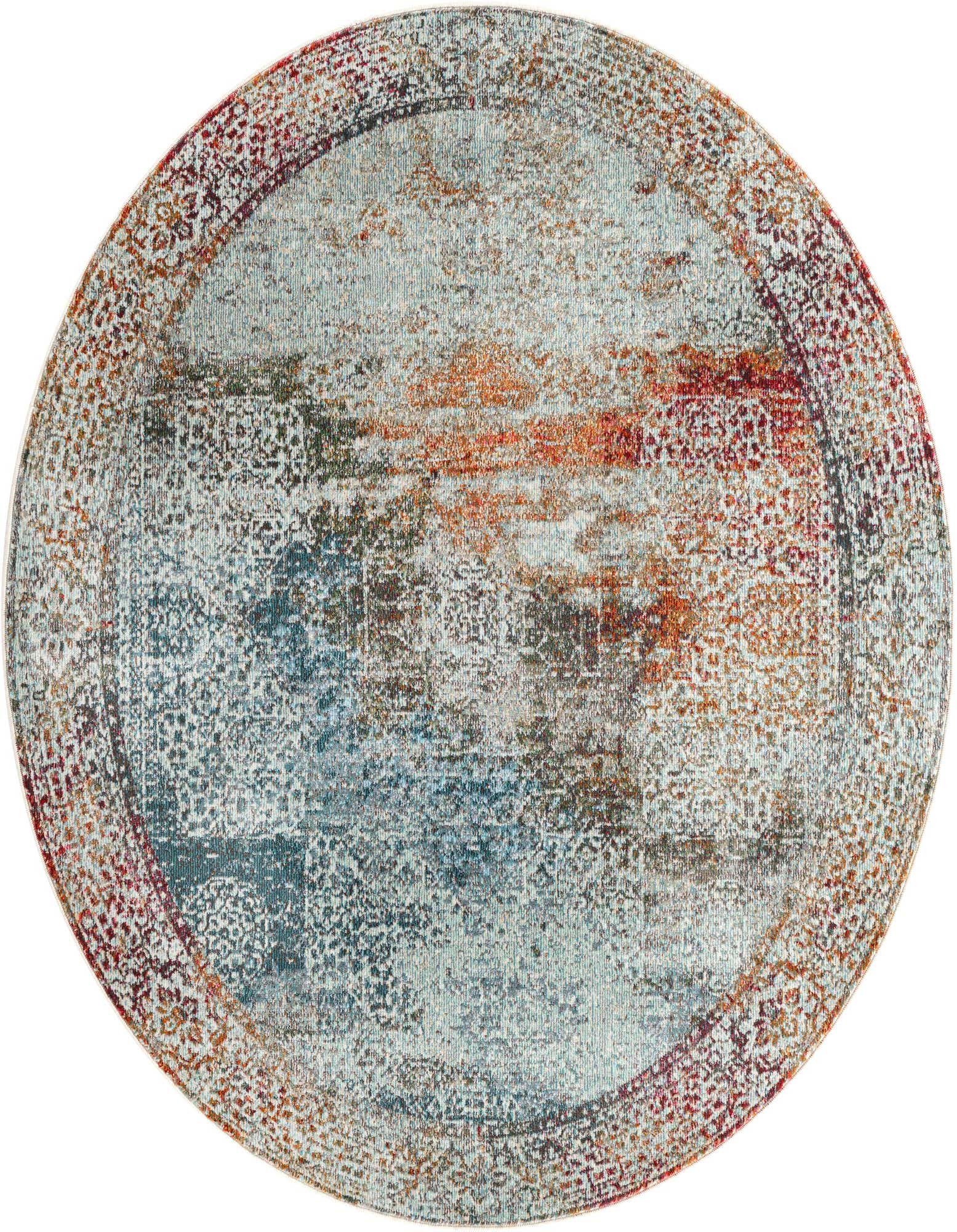 A 4' 3 x 4' 3 round multi-colored rug with an abstract and traditional pattern, featuring shades of blue, orange, and red.