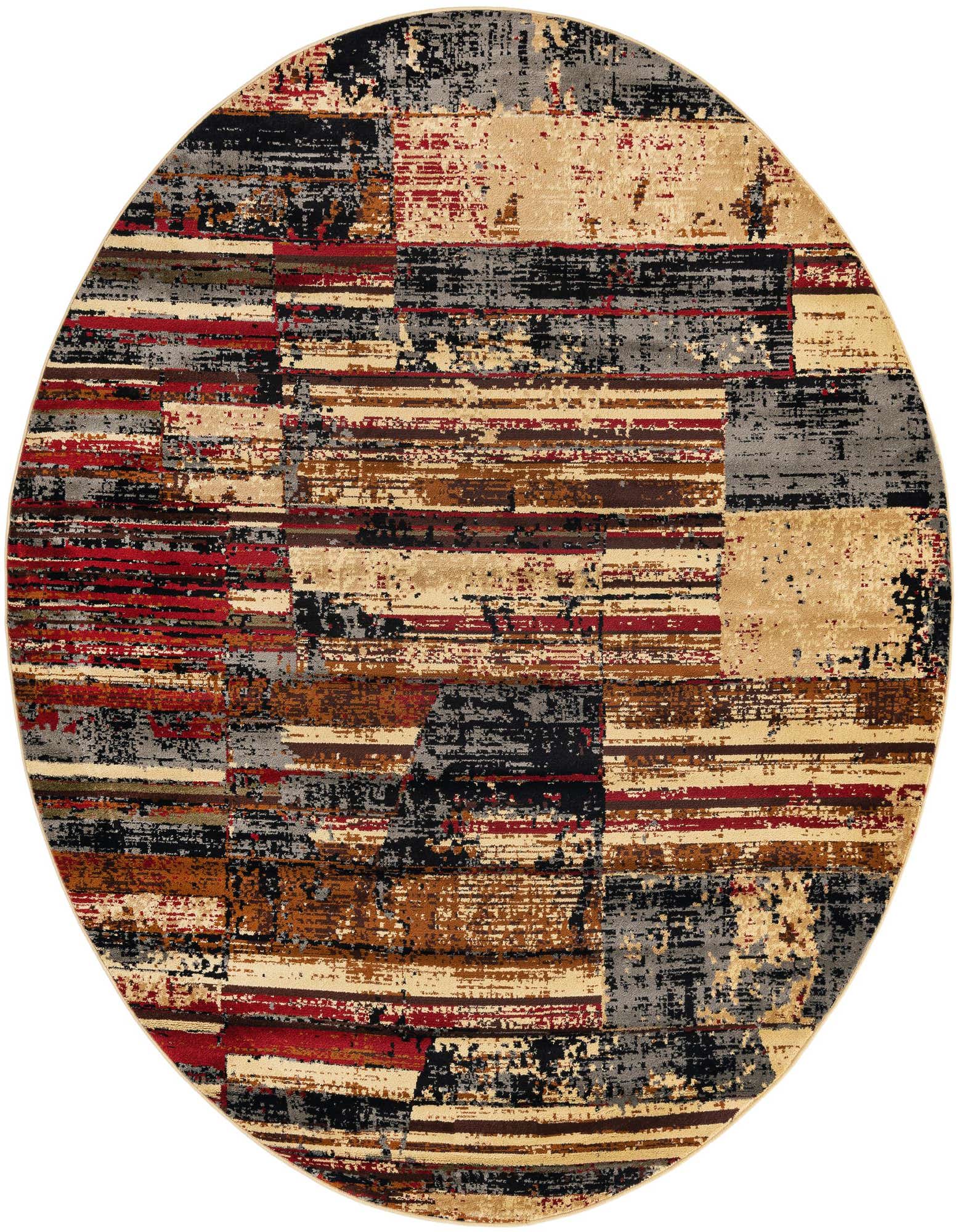 A 7' 10 round multi-colored modern rug featuring a distressed stripe and block pattern in red, black, brown, grey, and beige tones.