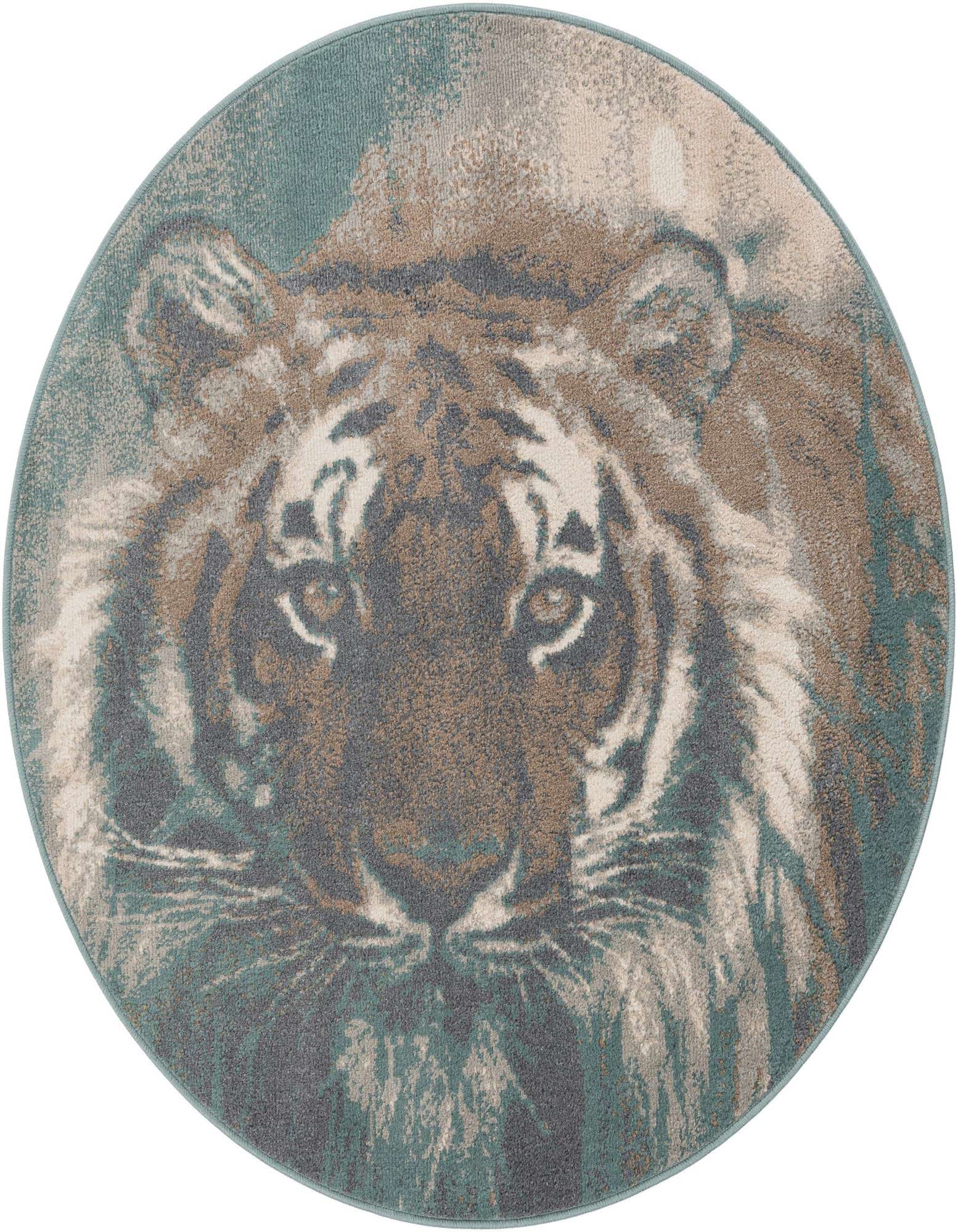 A 5' 0 x 5' 0 round multi-colored modern rug featuring a detailed tiger face design in shades of brown, grey, and teal.