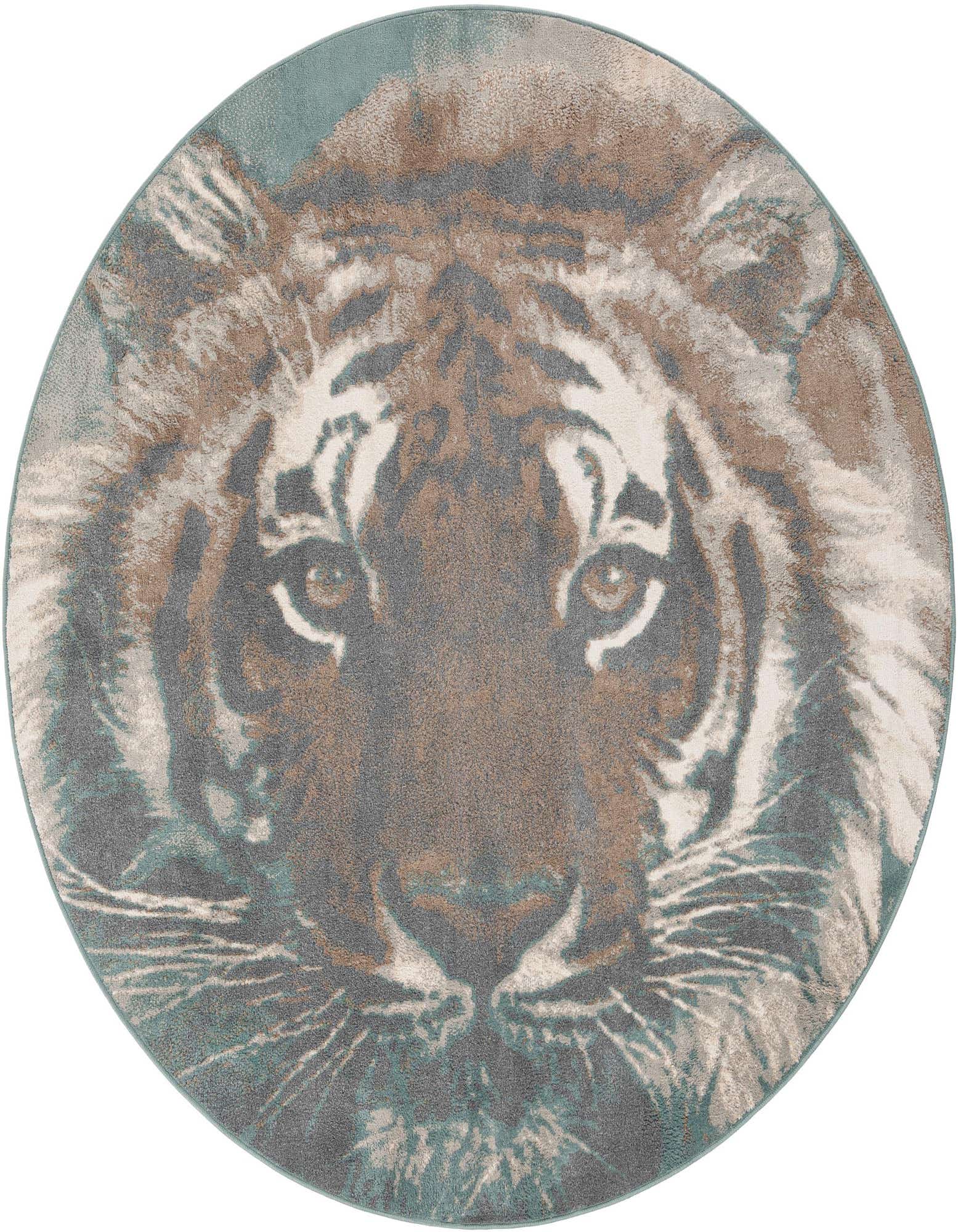 A round, multi-colored modern rug featuring a detailed tiger face in shades of brown, grey, and teal.
