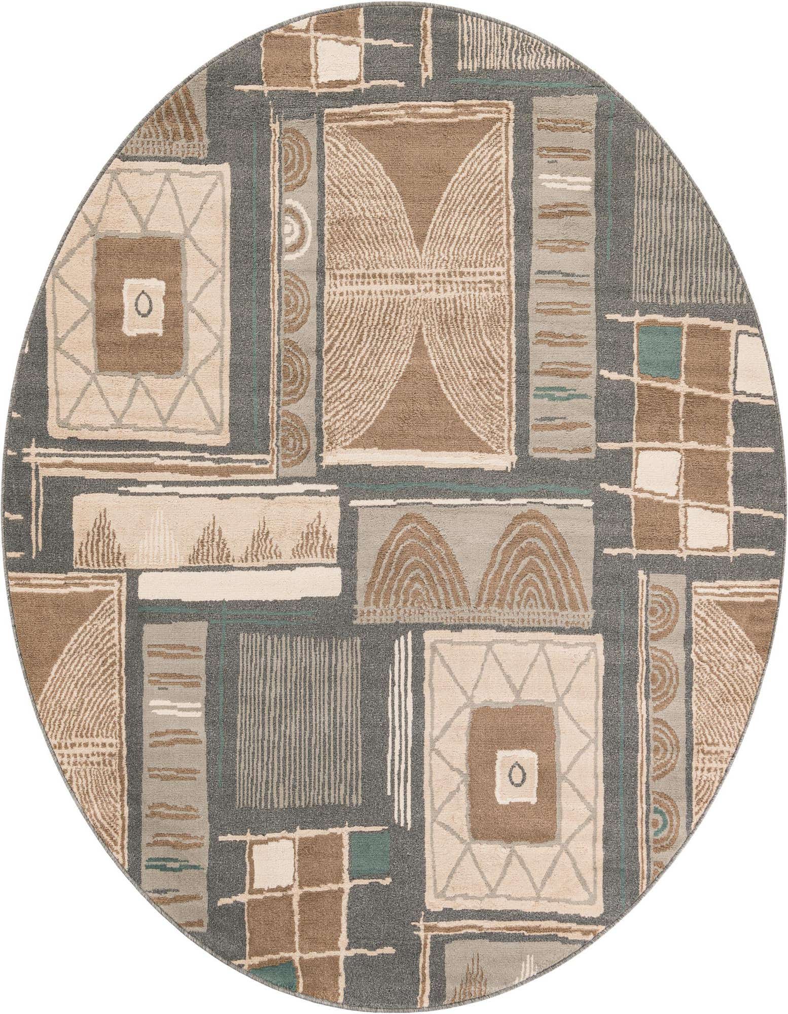 A round 7' 10 x 7' 10 multi-colored modern abstract rug with geometric patterns in shades of grey, brown, beige, and teal.