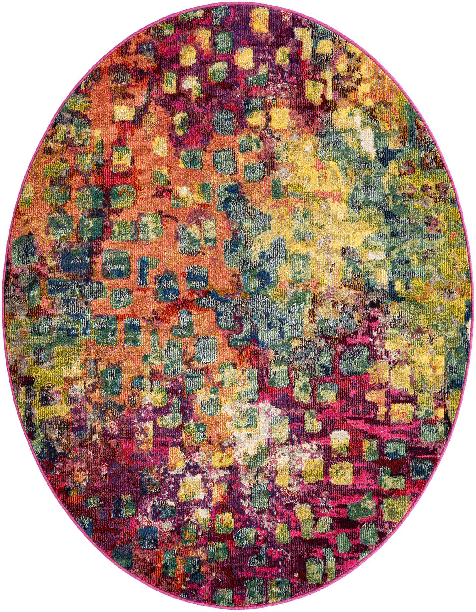 A vibrant 5' round multi-colored rug with an abstract, eclectic pattern of squares in various hues of orange, pink, yellow, green, and blue.