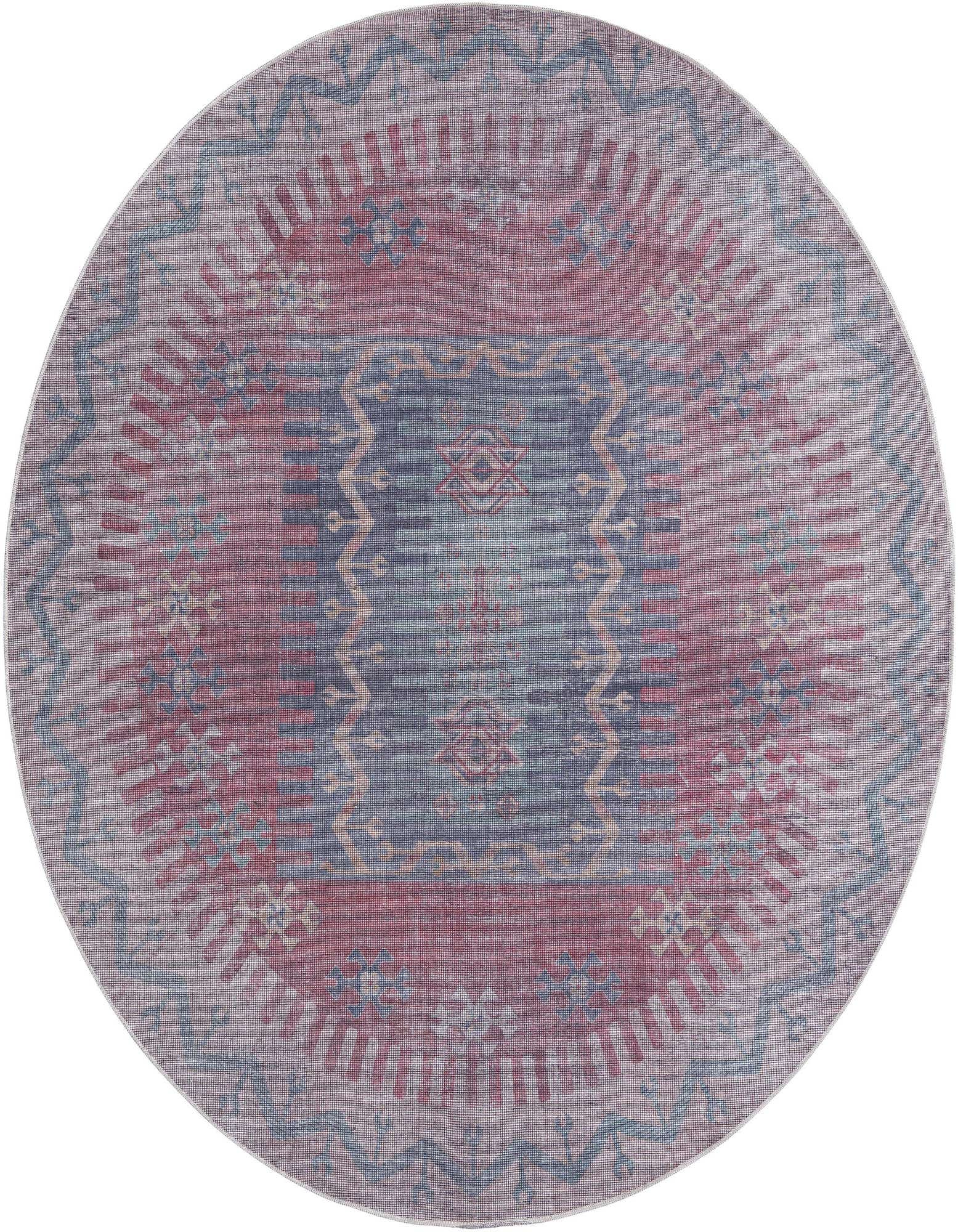 A 7' 10 round multi-colored rug with a traditional tribal medallion pattern in reds, blues, and grays, suitable for a patio.