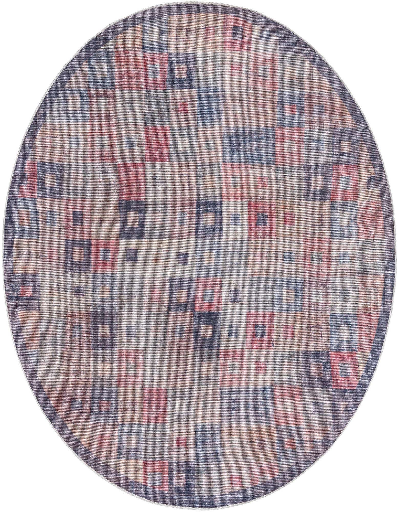 A 7' 10 round multi-colored rug with a modern vintage geometric pattern of squares and a dark border.