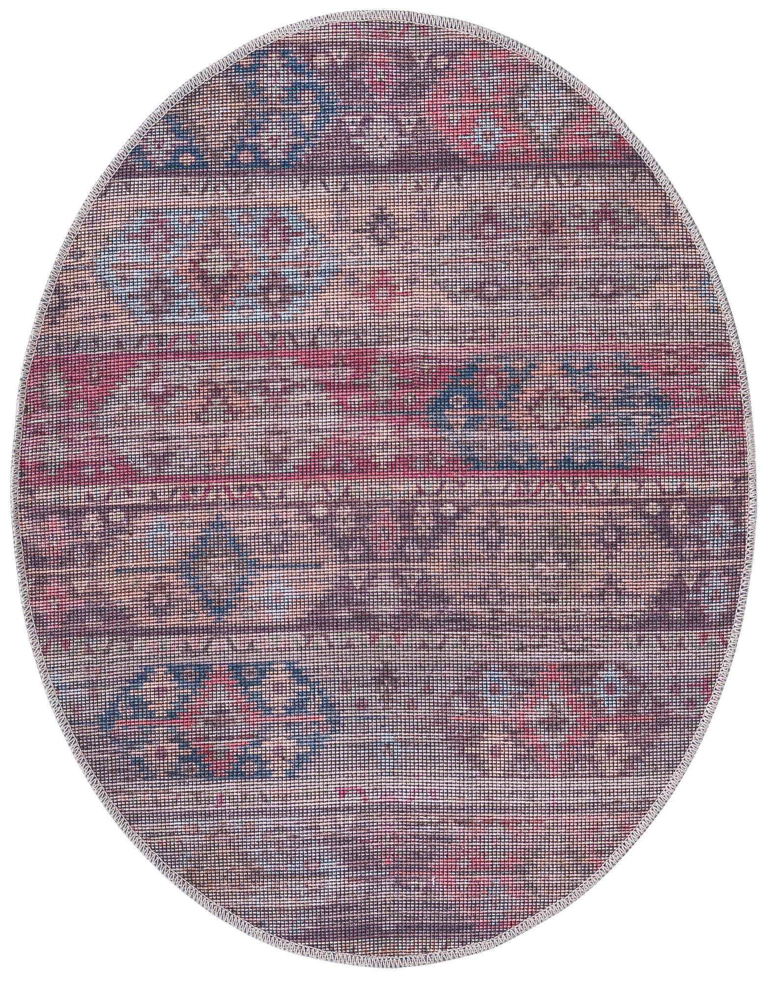 A round, multi-colored Sisu rug featuring a distressed tribal and abstract pattern in shades of red, blue, and beige.