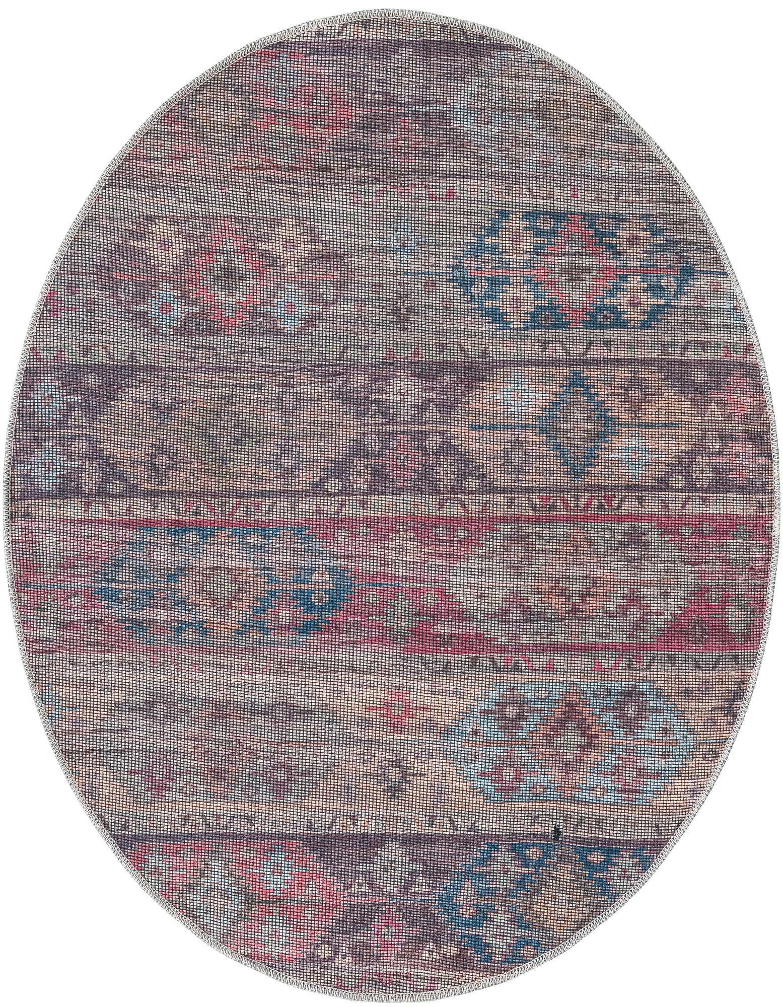 A 4' round multi-colored rug with a distressed tribal and abstract pattern, featuring shades of blue, red, and beige.