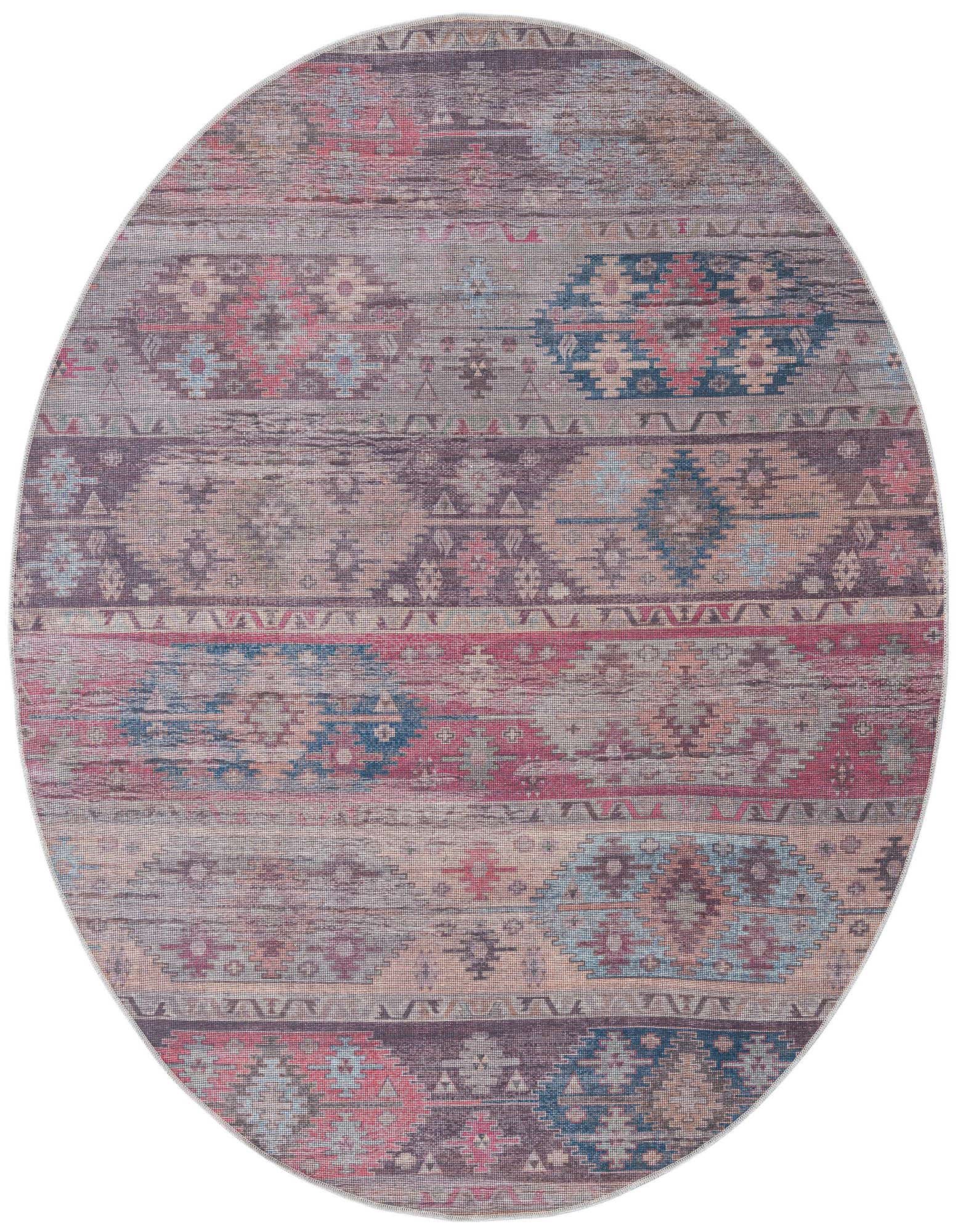 A multi-colored round rug featuring a distressed tribal and abstract pattern with shades of red, blue, and brown.