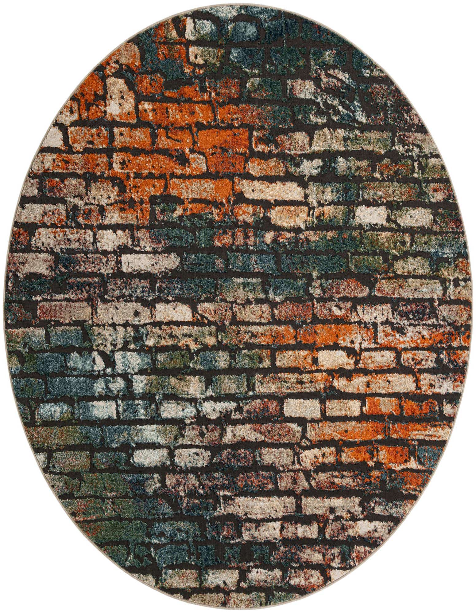 A round multi-colored rug featuring a distressed brick wall pattern with shades of orange, green, and cream.