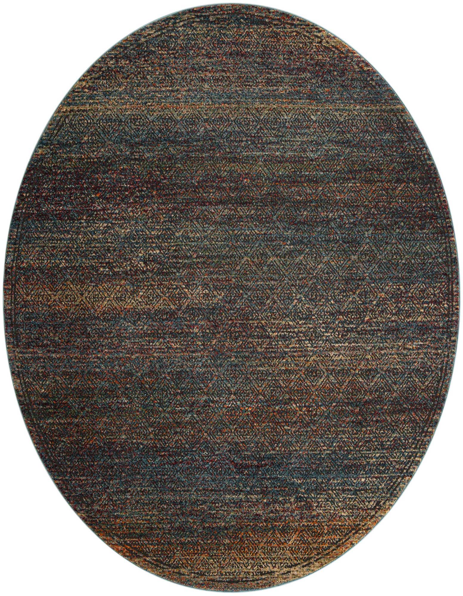 A round, multi-colored area rug featuring a distressed, abstract pattern with shades of blue, brown, and orange.