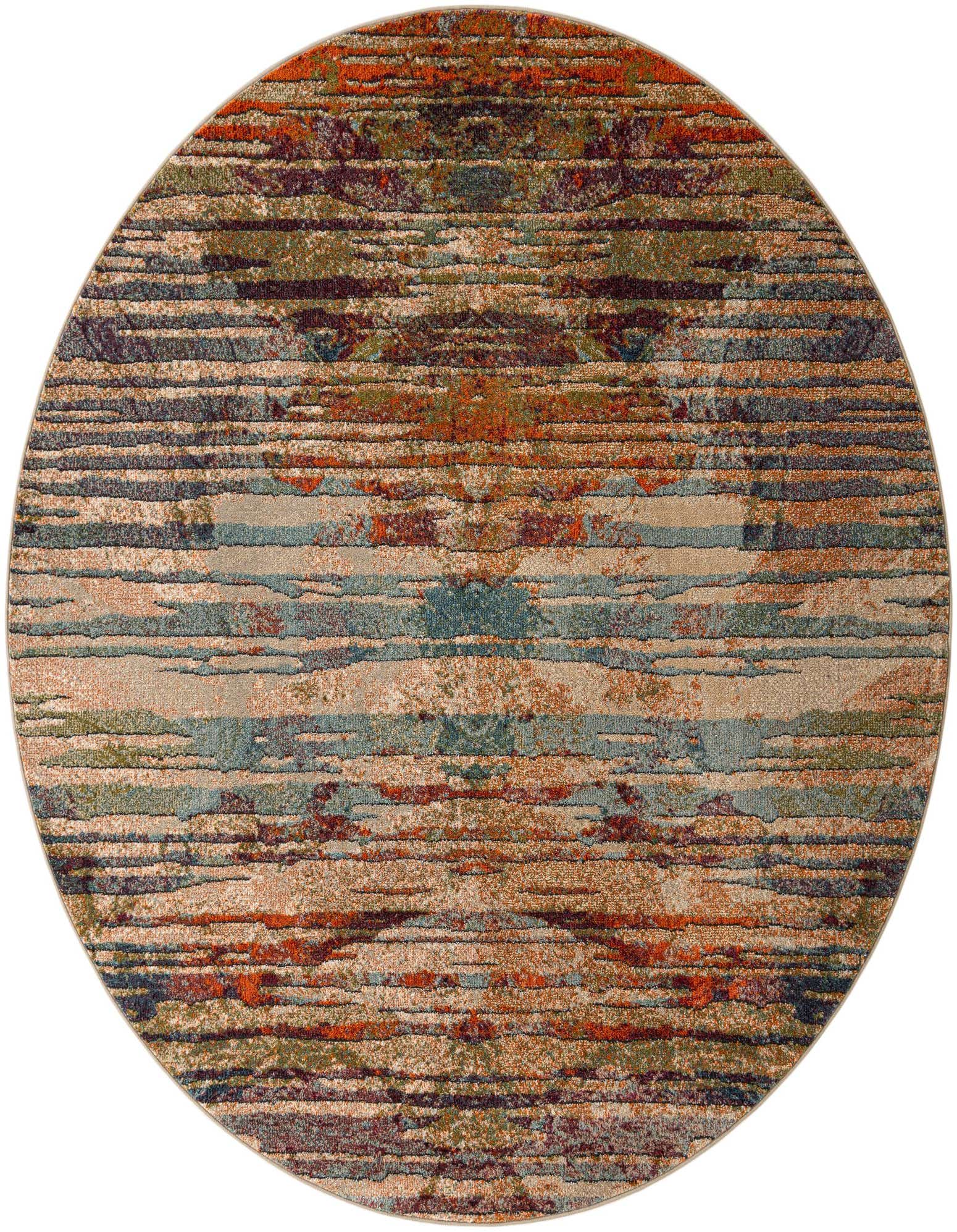 A multi-colored round rug with an abstract, textured pattern featuring shades of orange, blue, green, and beige, ideal for a patio.