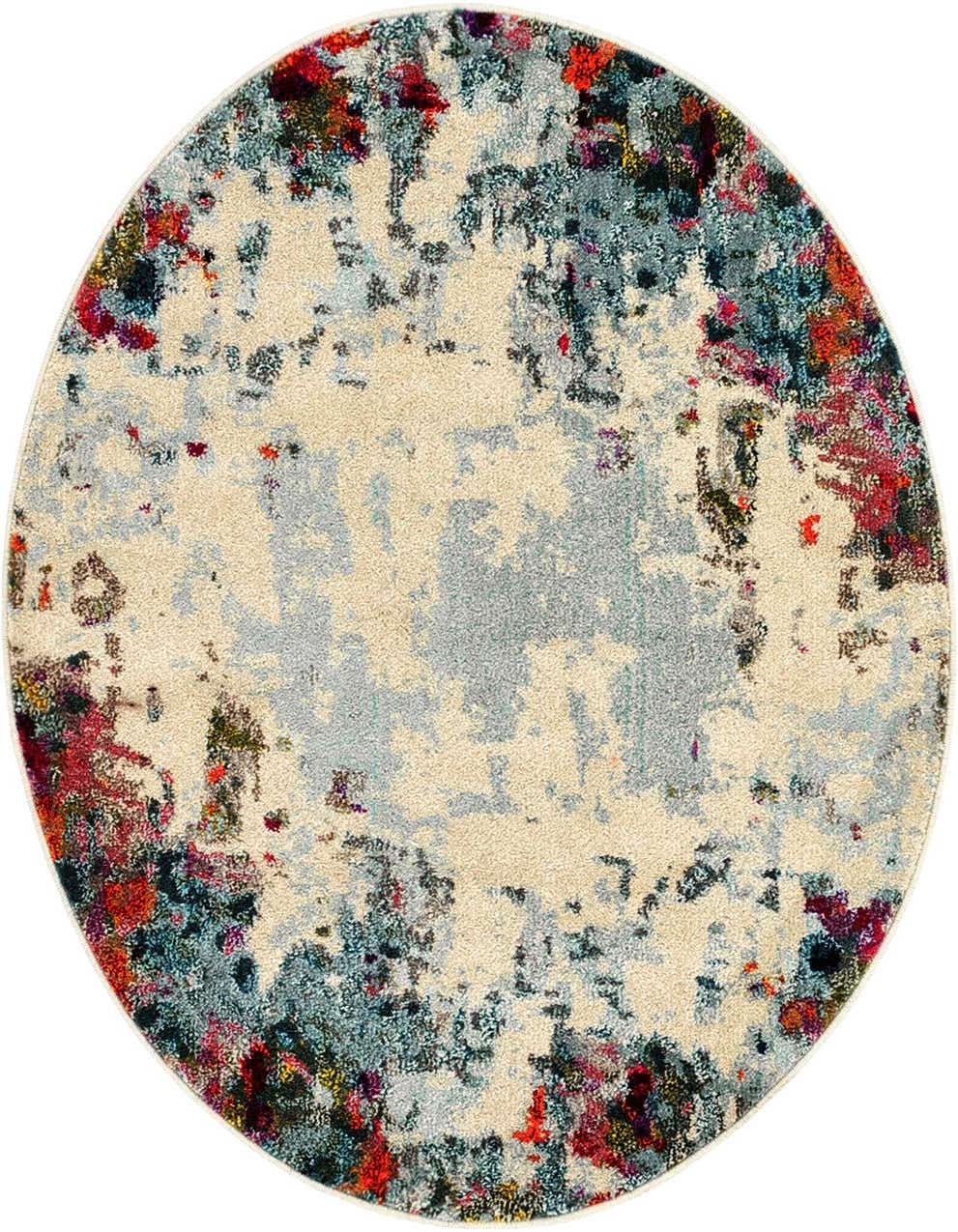 A 4' round multi-colored transitional rug with an abstract floral pattern in shades of cream, blue, red, and yellow.