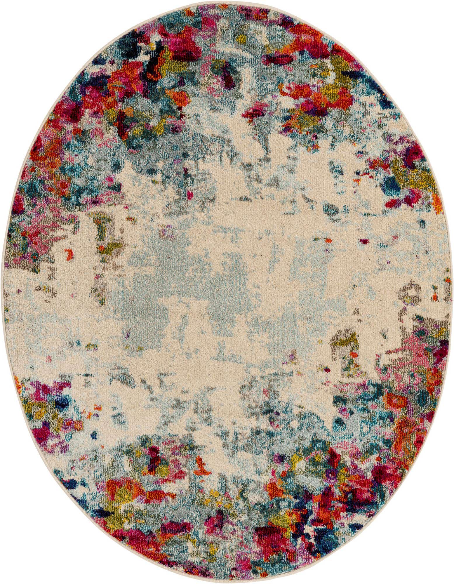 A 5' round multi-colored transitional rug with an abstract floral pattern and a light center.