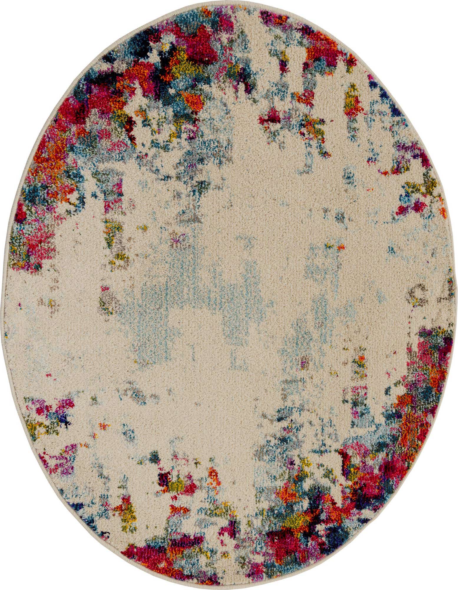 A 3' 3 x 3' 3 round multi-colored rug with a modern floral pattern on a light beige background.