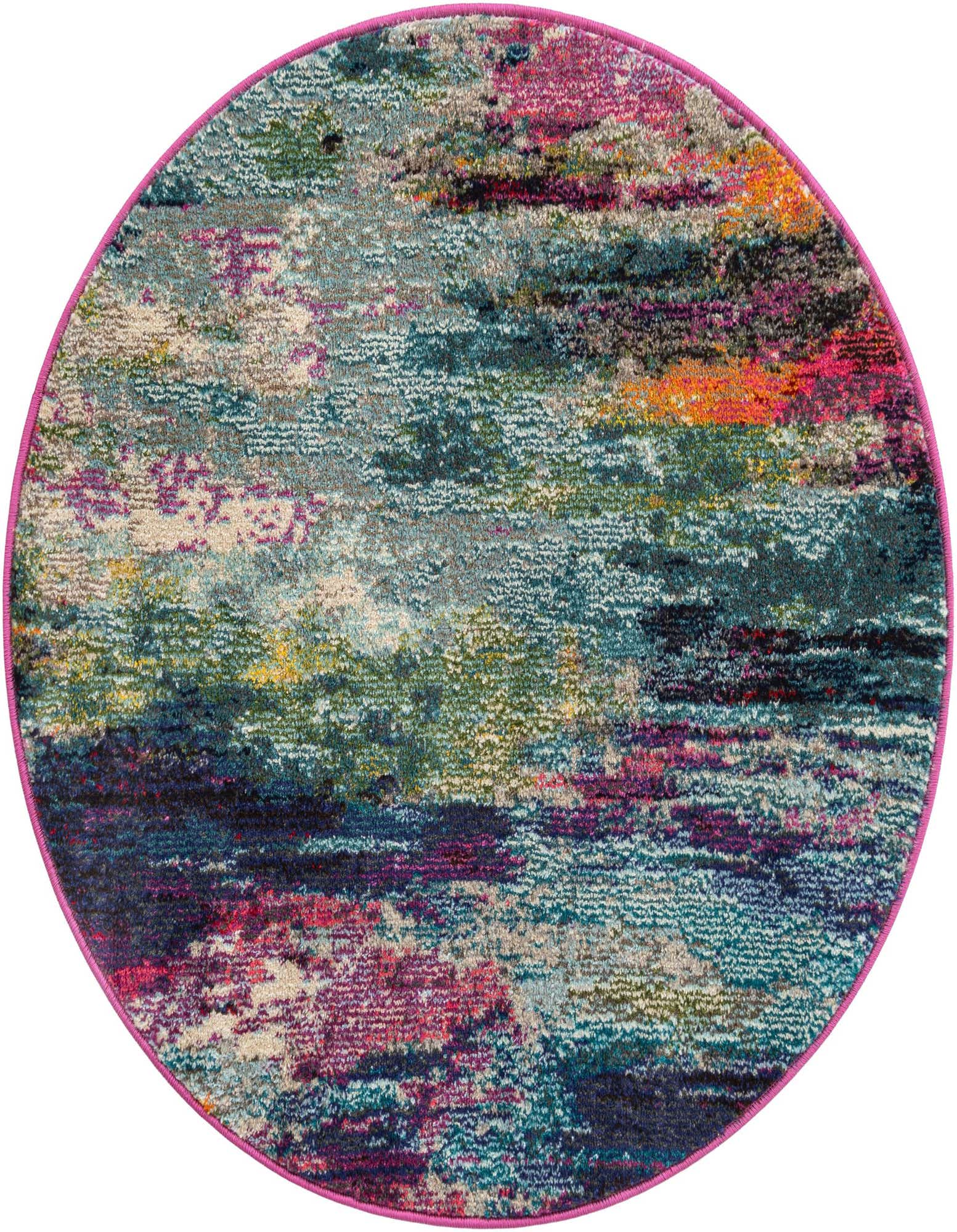 A 3' 3 x 3' 3 round modern abstract rug with a vibrant multi-colored pattern and a bright pink border.