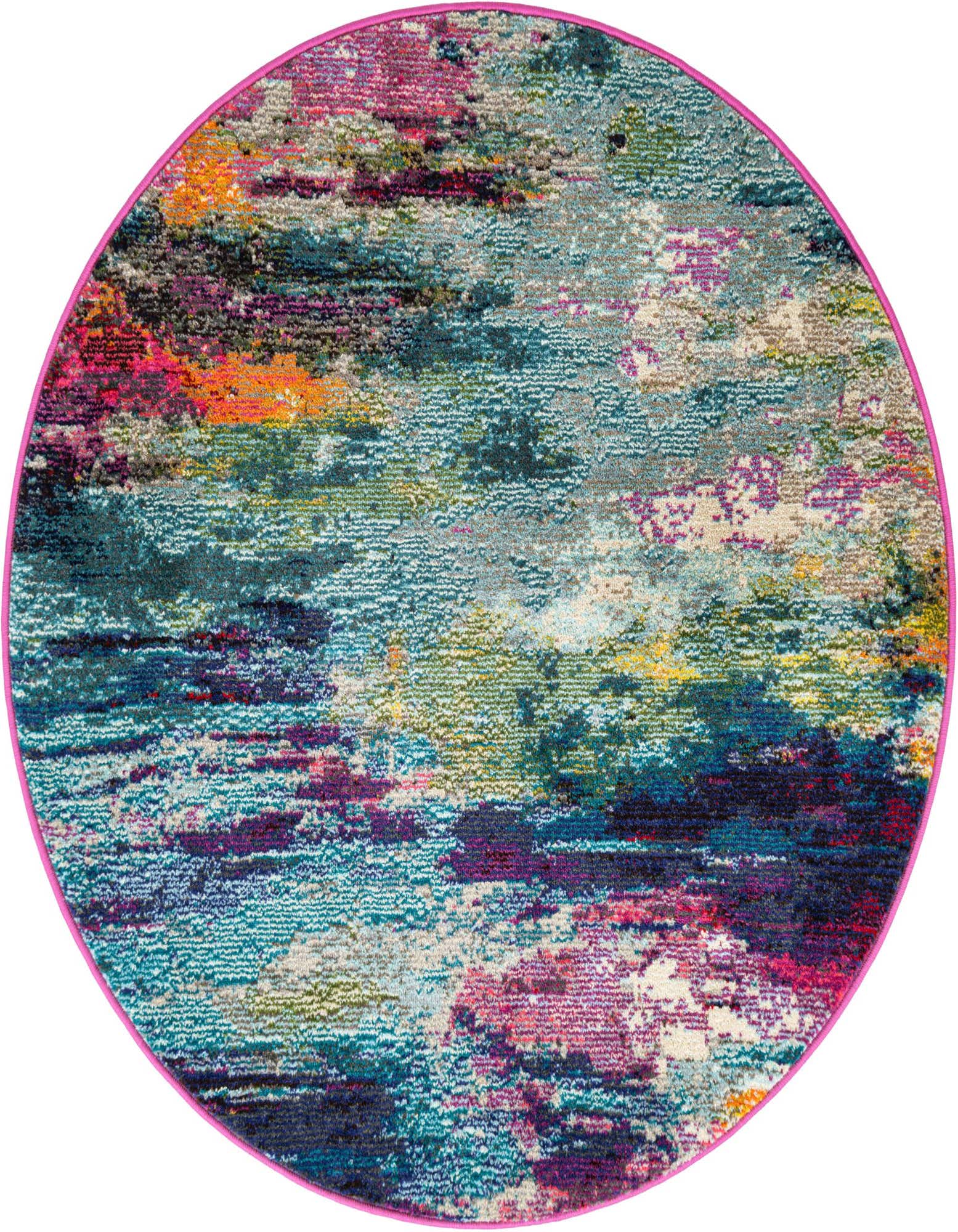 A vibrant 4' round multi-colored abstract rug with a bright pink border, featuring hues of blue, green, orange, and purple.