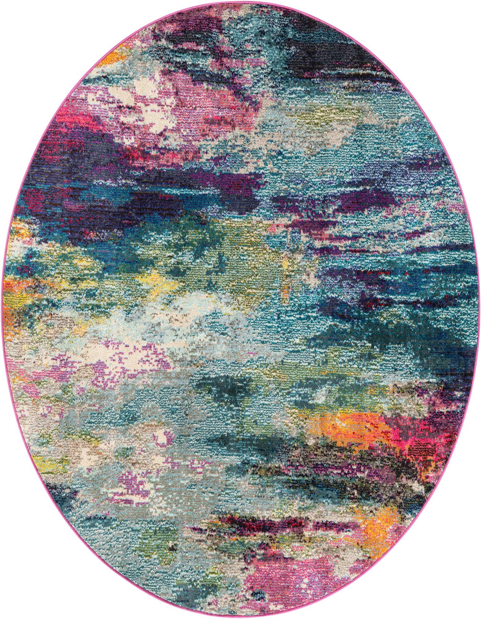 A 5' 3 round modern abstract rug with a vibrant multi-colored pattern, featuring shades of pink, blue, purple, and yellow.
