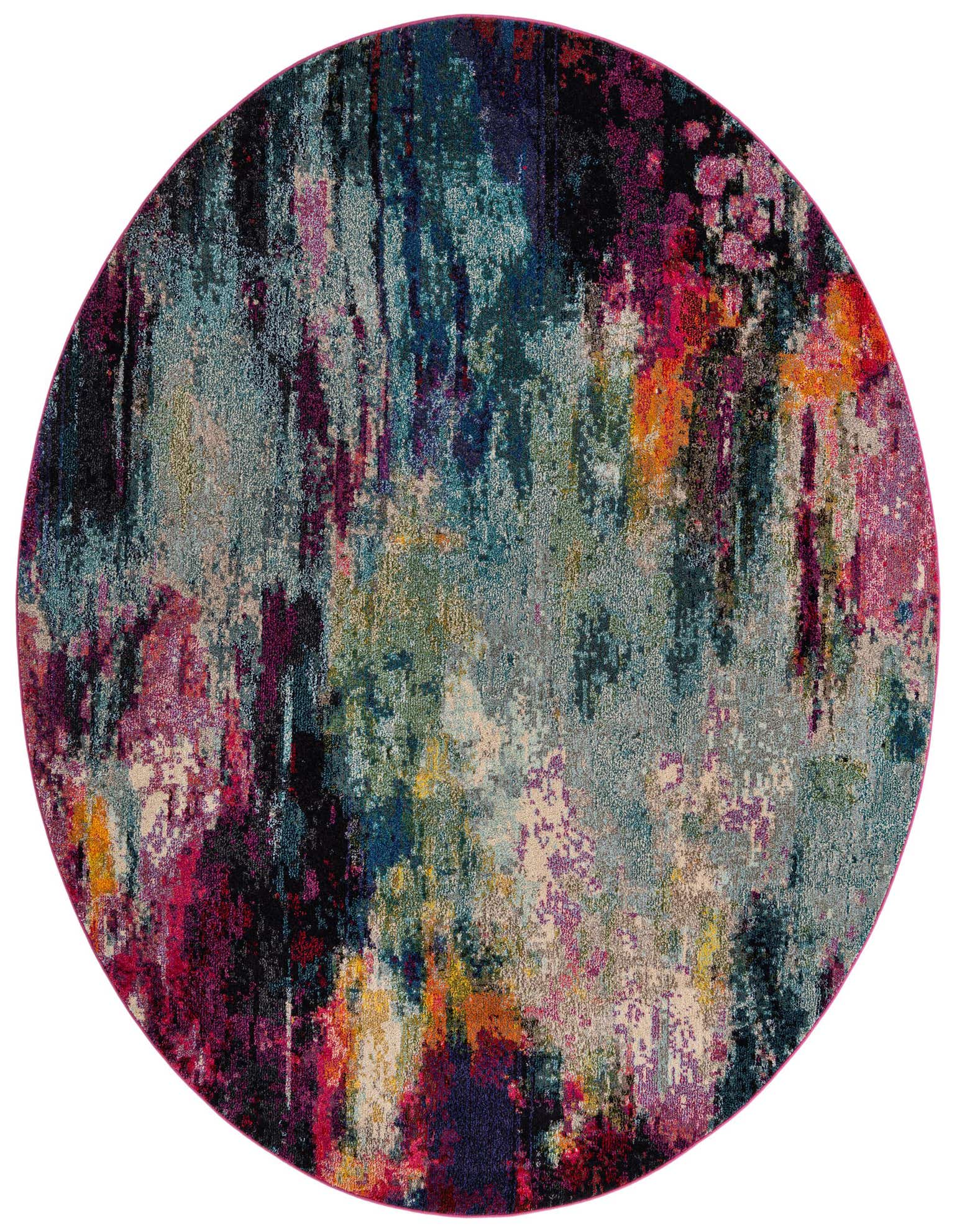 A vibrant 7' 10 round modern abstract rug with a multi-colored design featuring shades of blue, pink, purple, and orange.