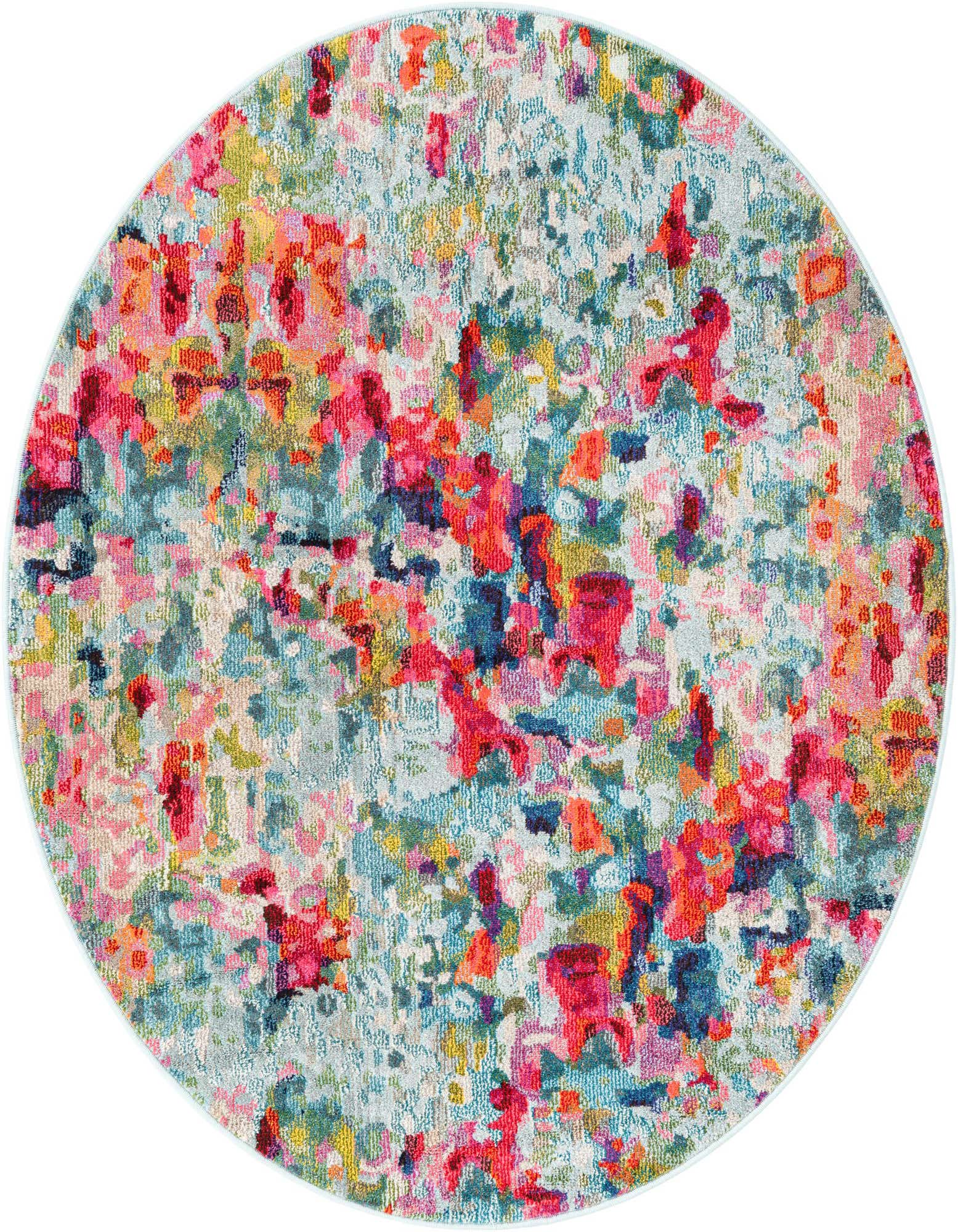 A vibrant 5' 3 round multi-colored rug with an abstract floral pattern in shades of pink, red, blue, and yellow.