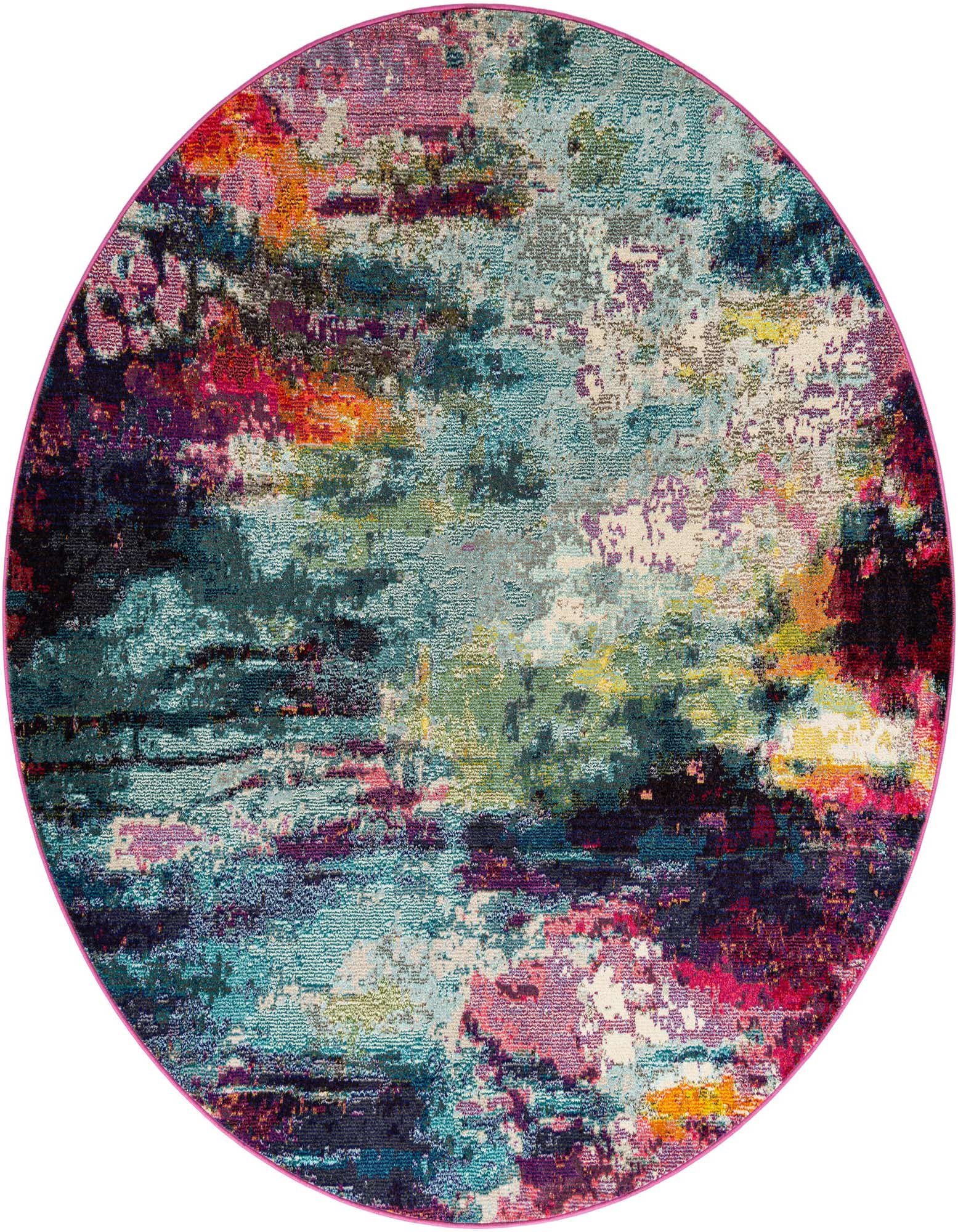 A 7' 1 x 7' 1 round multi-colored modern rug from the Theia Collection, featuring an abstract pattern with vibrant blues, pinks, oranges, and purples.