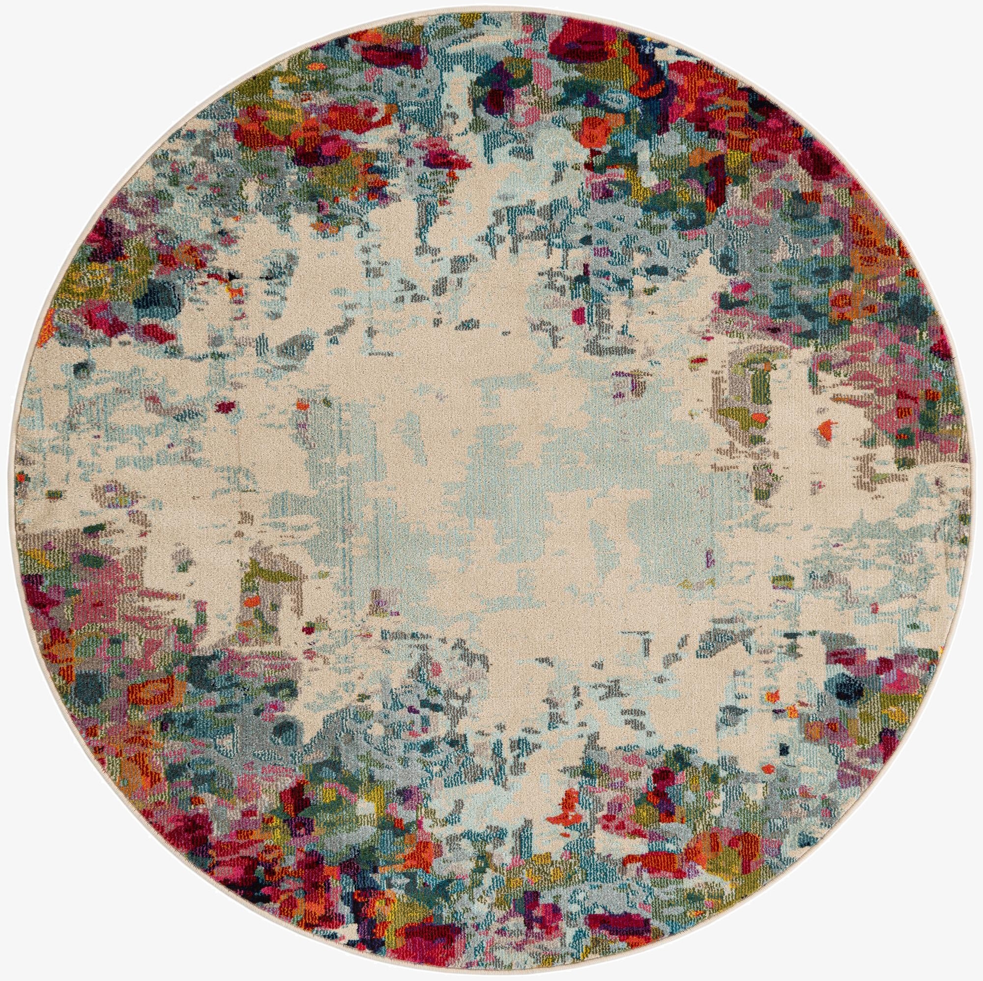 A 6' 0 x 6' 0 round multi-colored rug with a transitional floral pattern on a beige background, featuring vibrant red, blue, green, and pink hues.