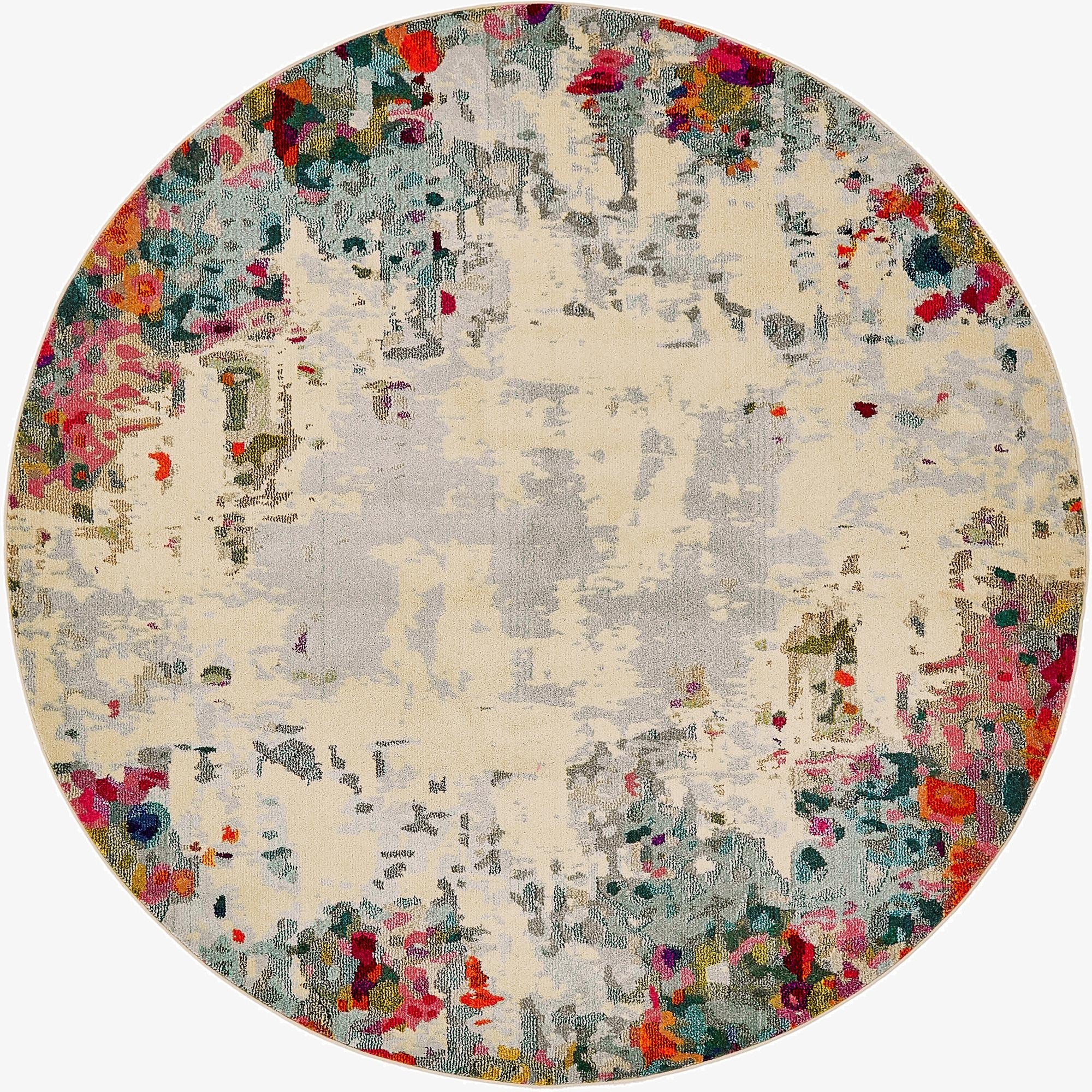 A round, multi-colored Rugs.com Theia rug featuring a modern floral pattern with vibrant hues on a light background.