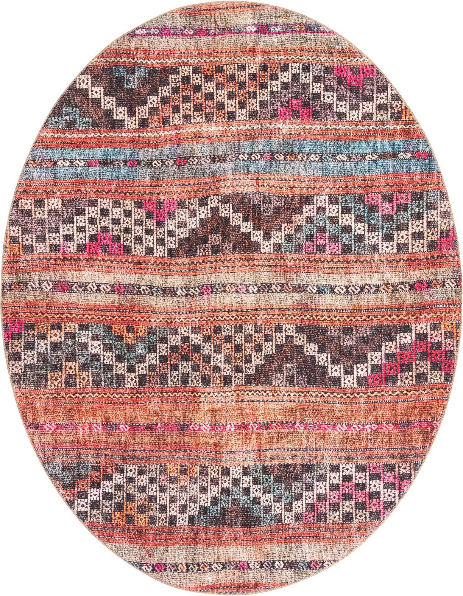 A round, multi-colored Bohemian rug with tribal stripe patterns in shades of brown, orange, blue, and pink.