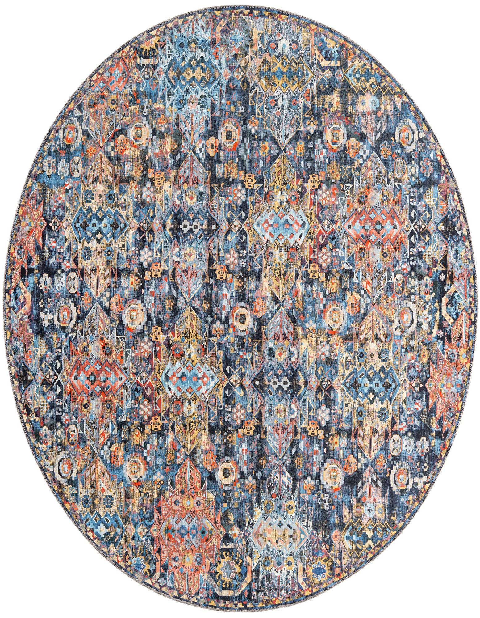 A 7' 7 round multi-colored rug with a distressed transitional, oriental, vintage, tribal, modern, and abstract pattern.