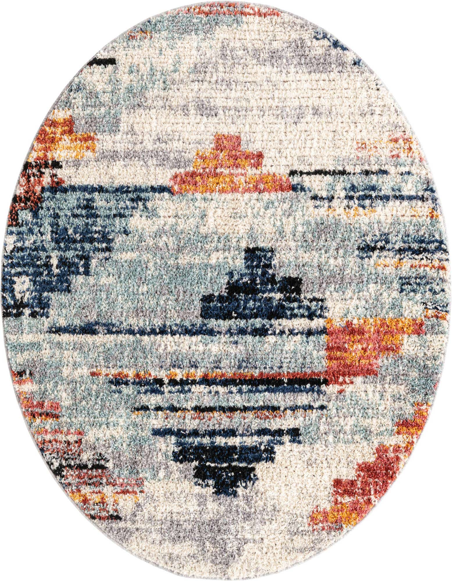 A 5' round multi-colored shag rug with an abstract modern pattern in shades of blue, orange, black, and cream.