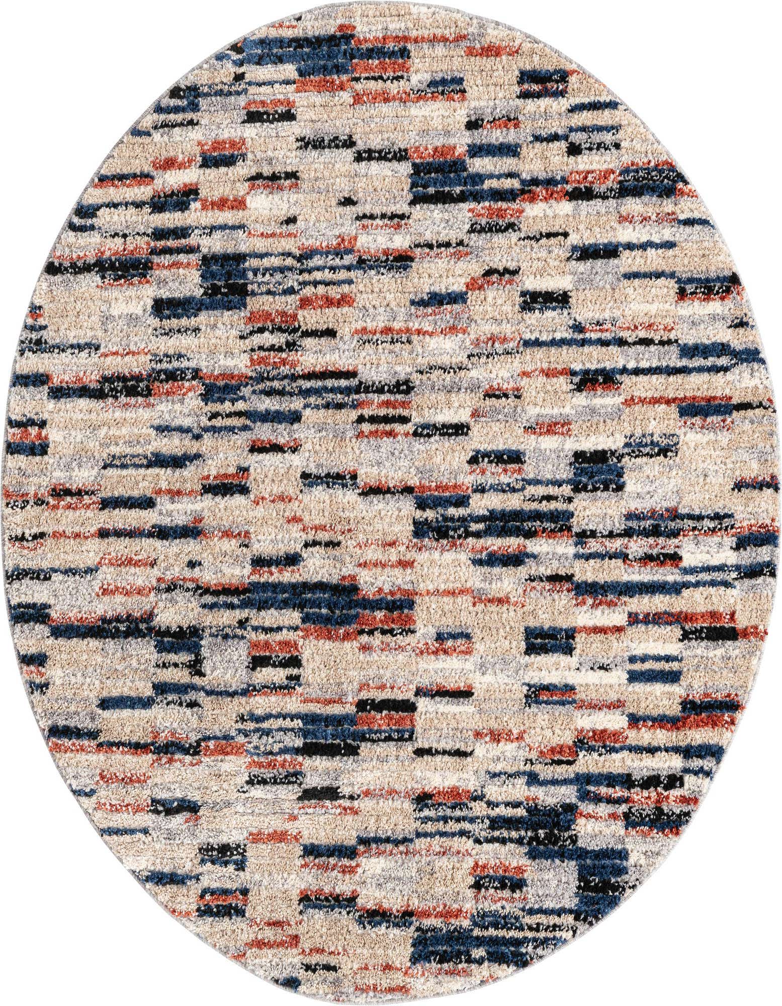 A round 5' 0 x 5' 0 multi-colored shag rug with a modern Southwestern stripe pattern in blues, reds, and black on a cream background.