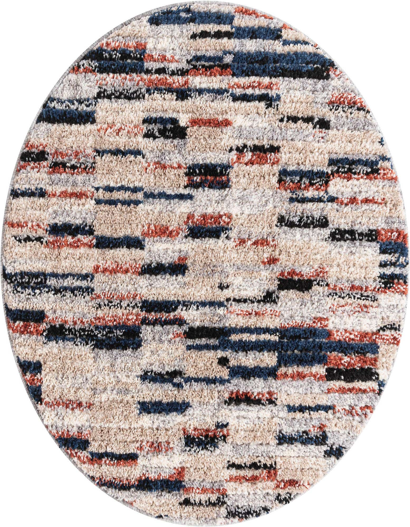 A round, multi-colored shag rug featuring a modern Southwestern stripe pattern in cream, beige, blue, rust, and black.