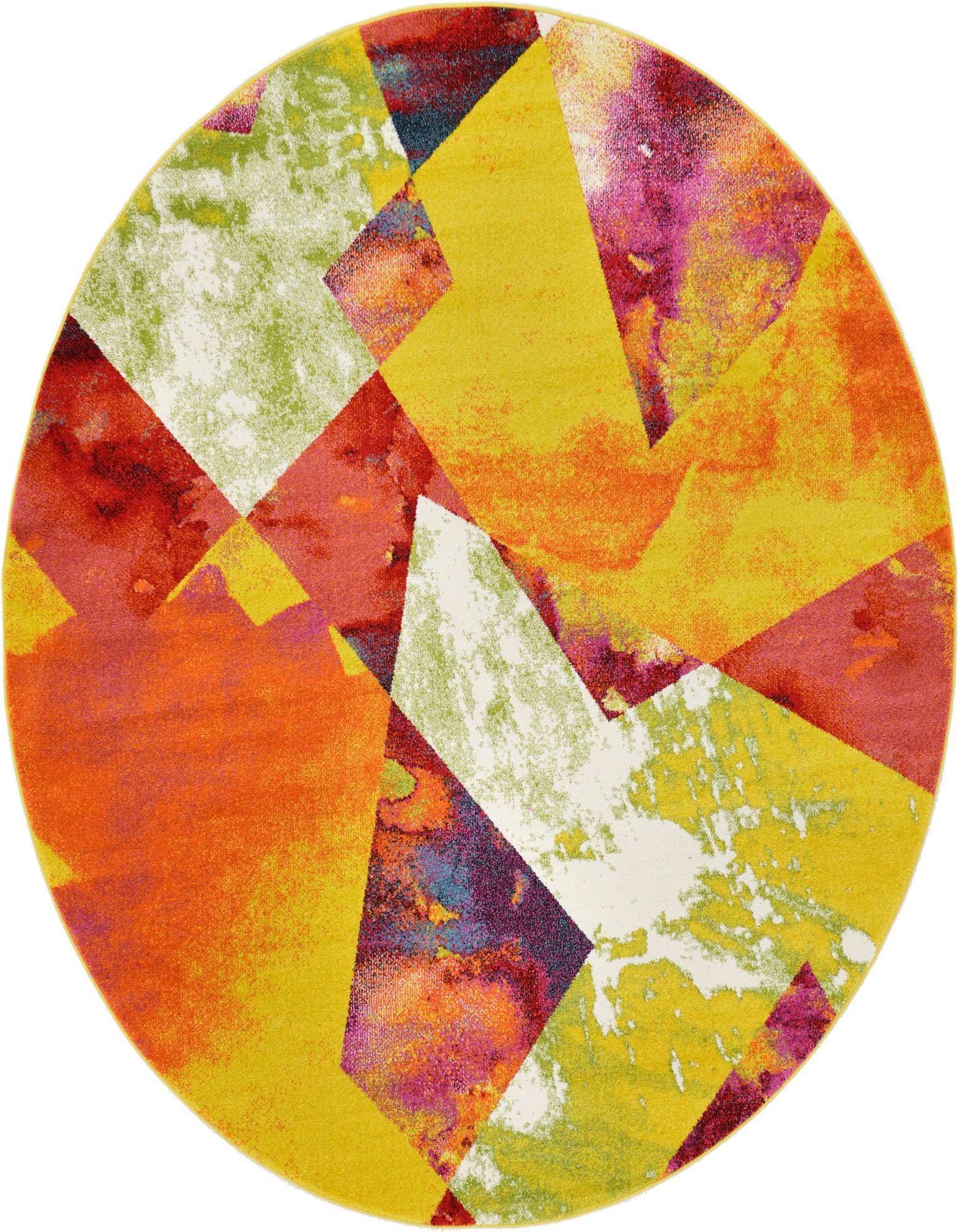 A vibrant 6-foot round rug featuring an abstract, multi-colored geometric pattern in shades of yellow, orange, red, green, and purple.