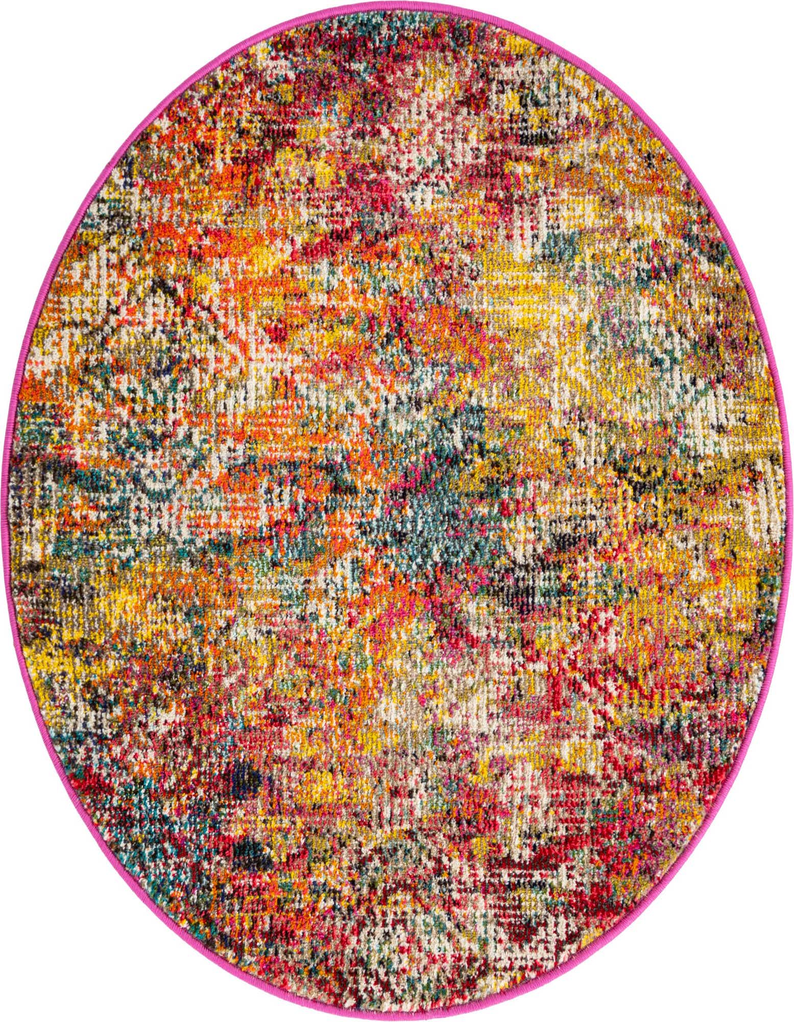A vibrant 3' 3 x 3' 3 round multi-colored rug with an abstract tribal pattern and a bright pink border.