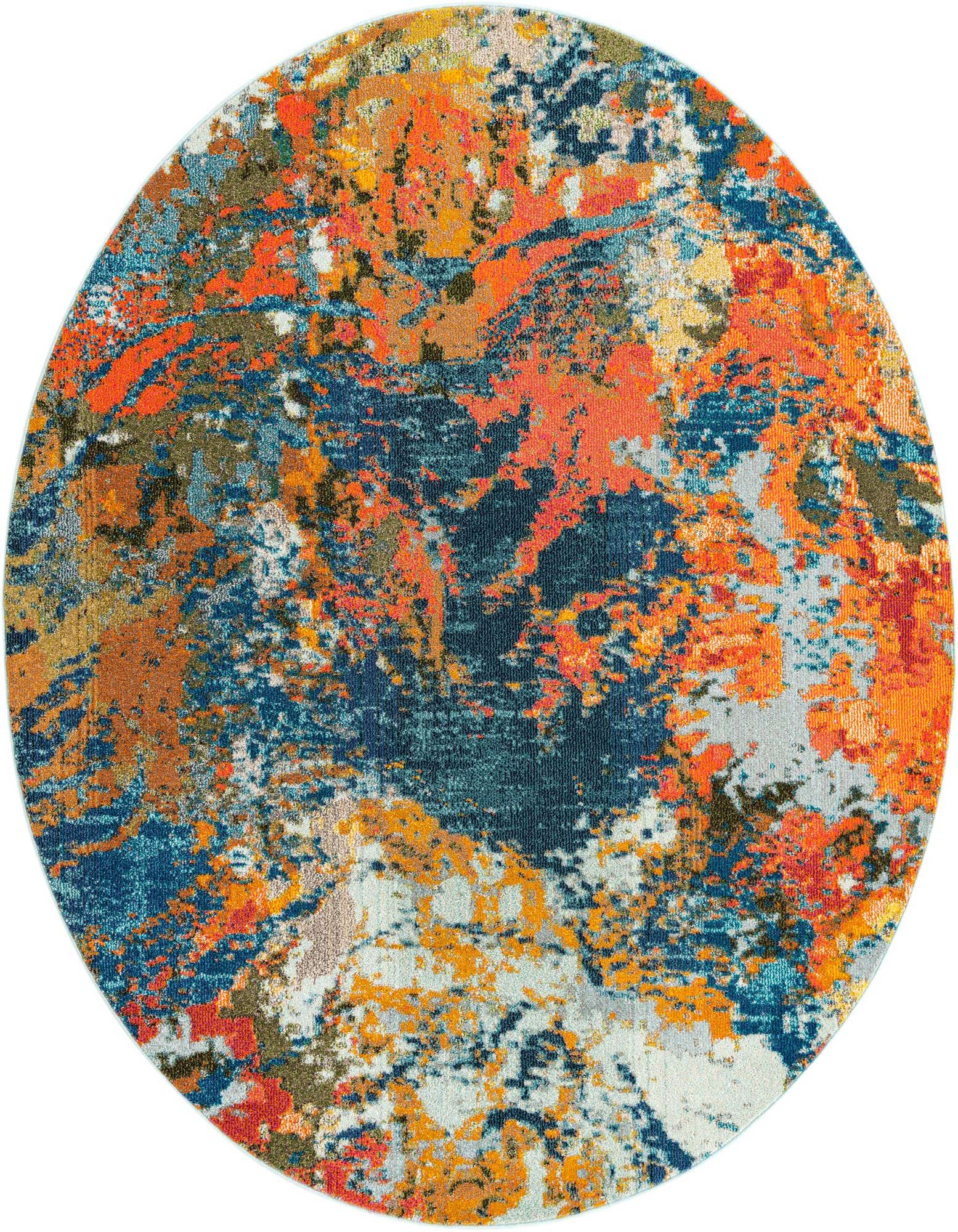 A 7' round multi-colored abstract rug with splashes of orange, blue, and white, suitable for a living room.