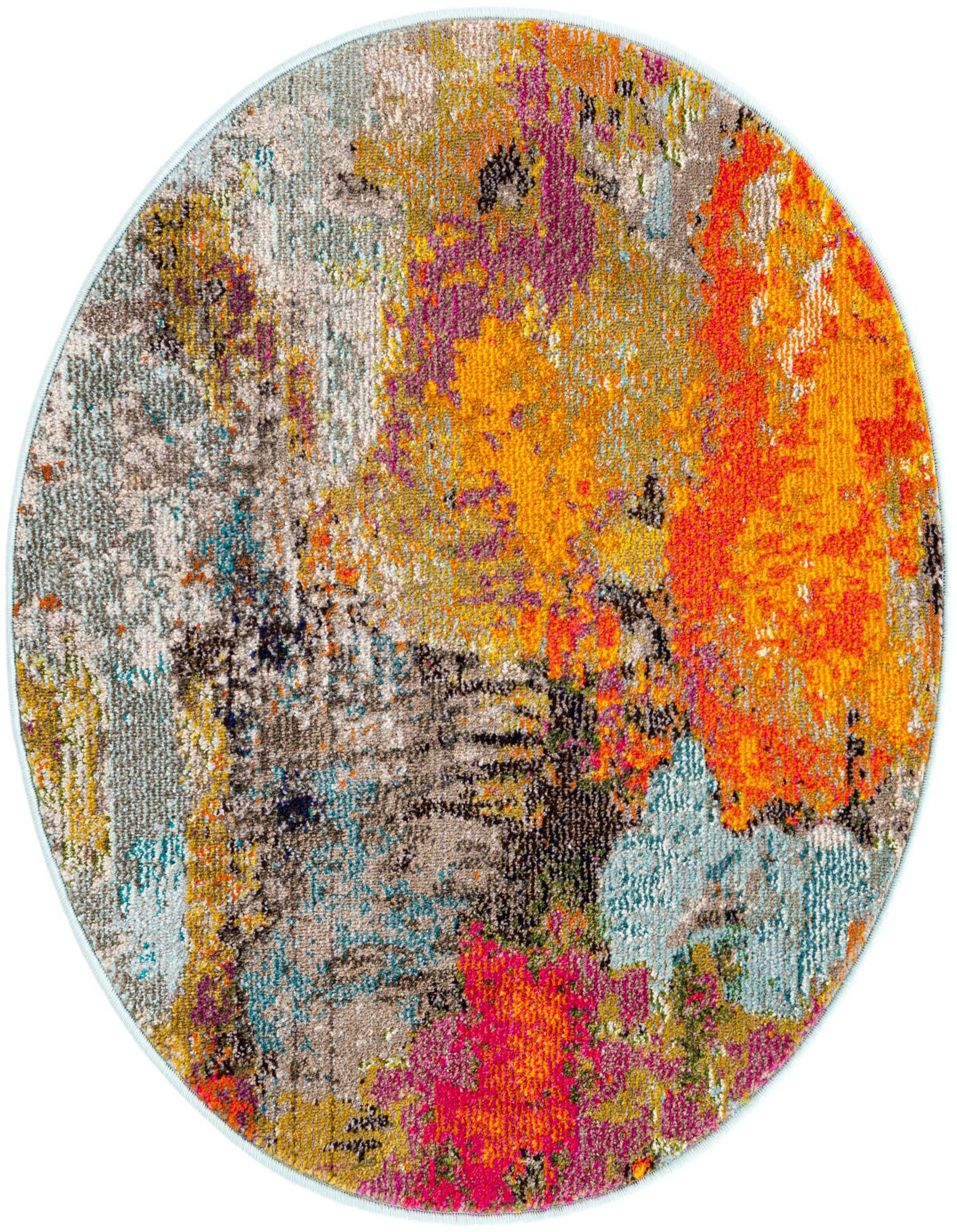 A 3' 3 x 3' 3 round multi-colored abstract rug with vibrant orange, pink, blue, and yellow hues, suitable for a modern indoor space.