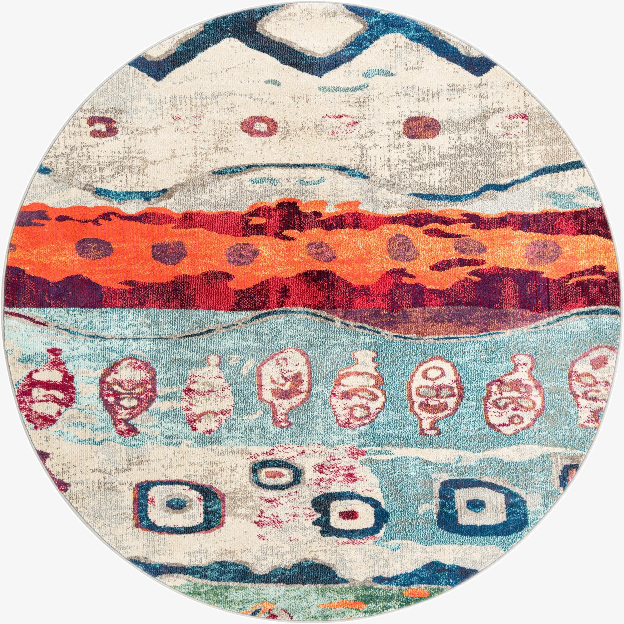 A 7' round multi-colored modern abstract rug with horizontal bands of orange, red, blue, and cream patterns.