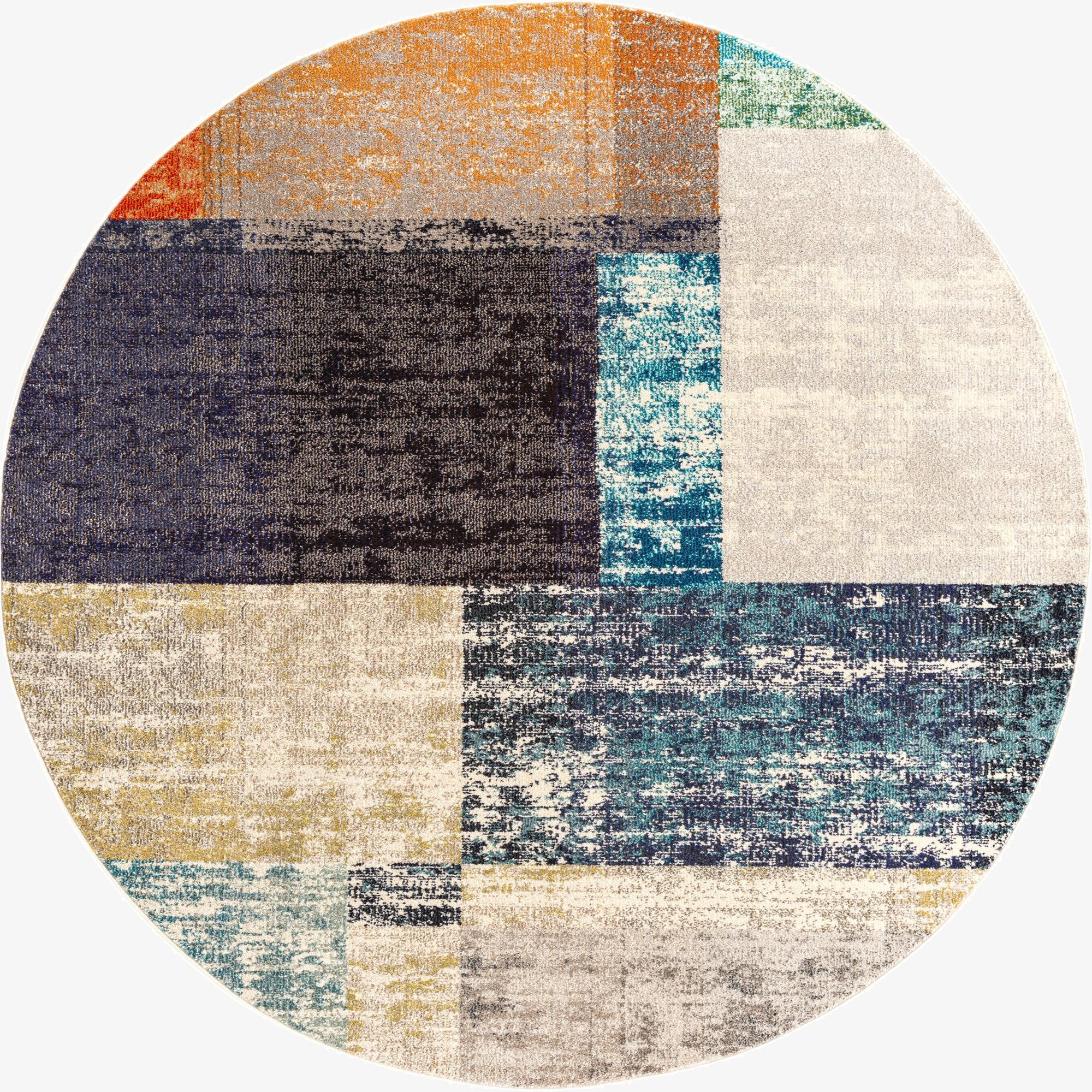 A 7' round multi-colored modern abstract rug with blocks of orange, blue, gray, and cream, ideal for an indoor living space.