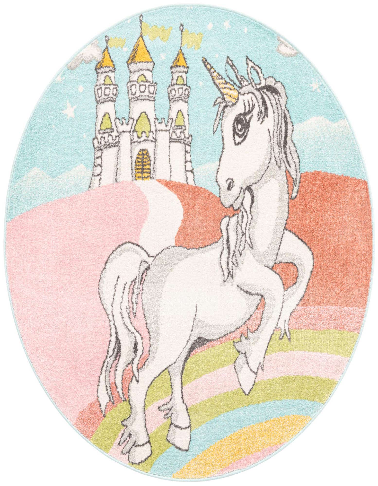 A round, multi-colored rug featuring a white unicorn with a golden horn, a rainbow, and a fairytale castle under a blue sky.