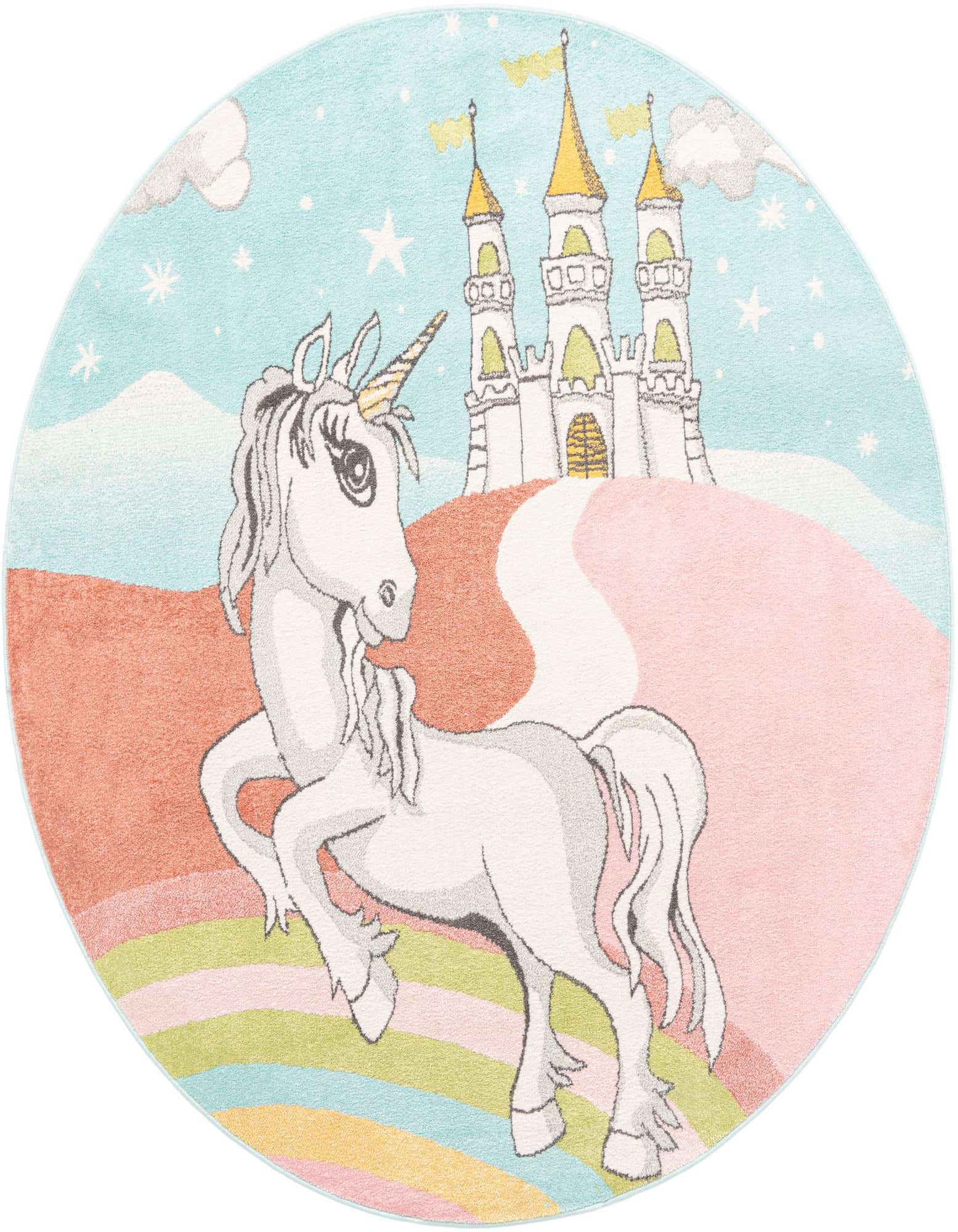 A round, multi-colored rug featuring a white unicorn with a golden horn standing on a rainbow, with a fairytale castle and blue sky in the background.