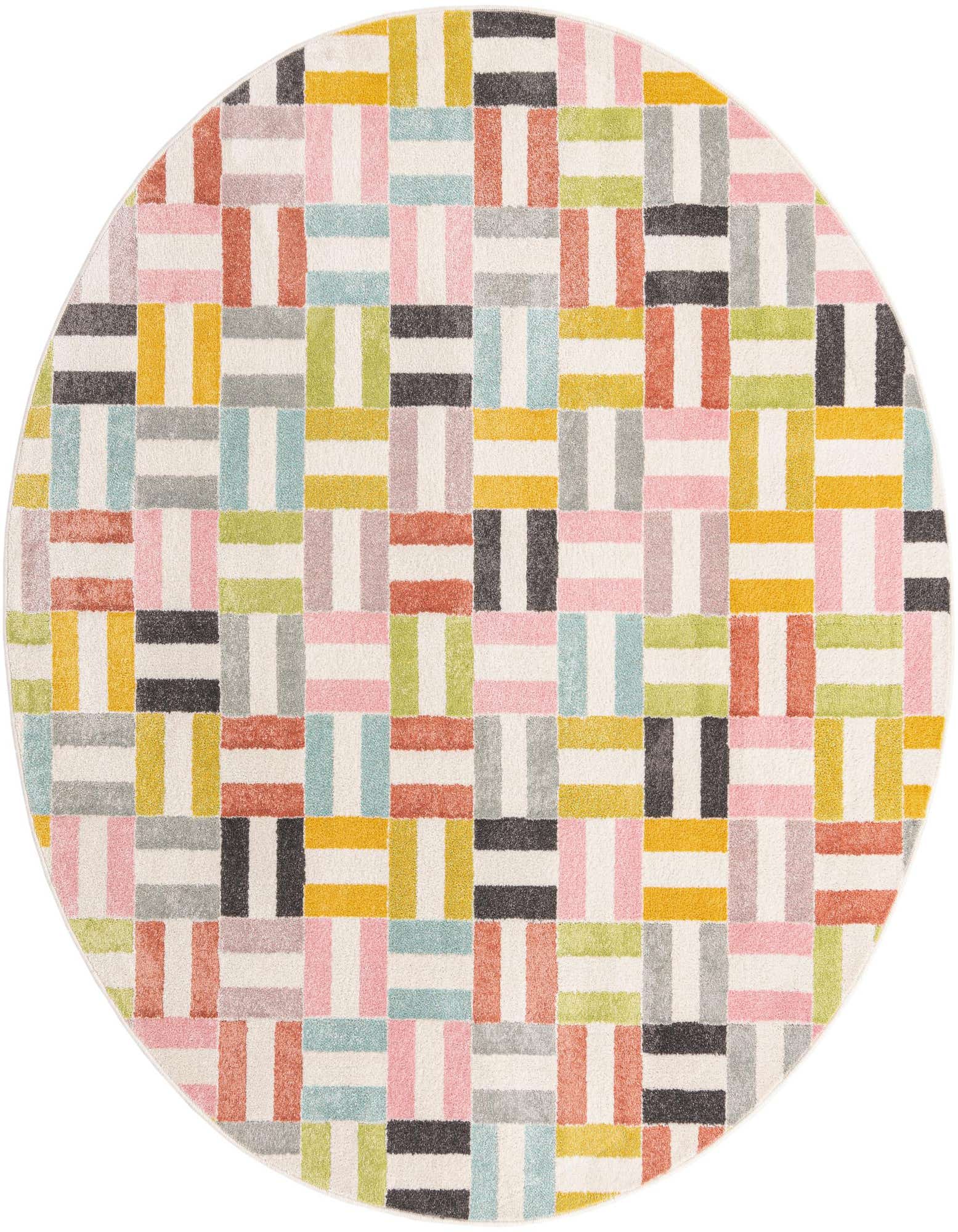 A round, multi-colored rug with a geometric block pattern in shades of pink, blue, green, yellow, grey, and black on an off-white background.