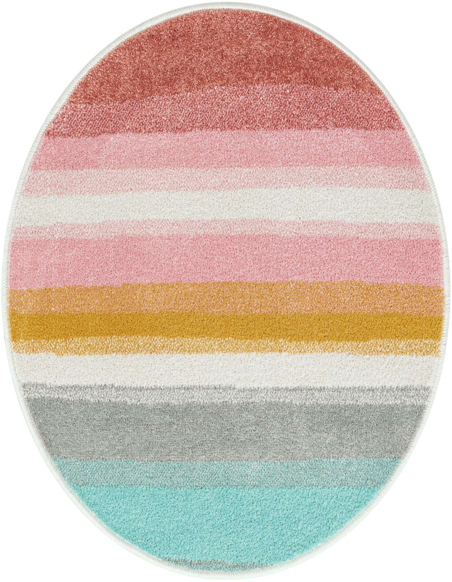 A round, multi-colored rug featuring horizontal stripes in shades of pink, white, gold, grey, and teal.