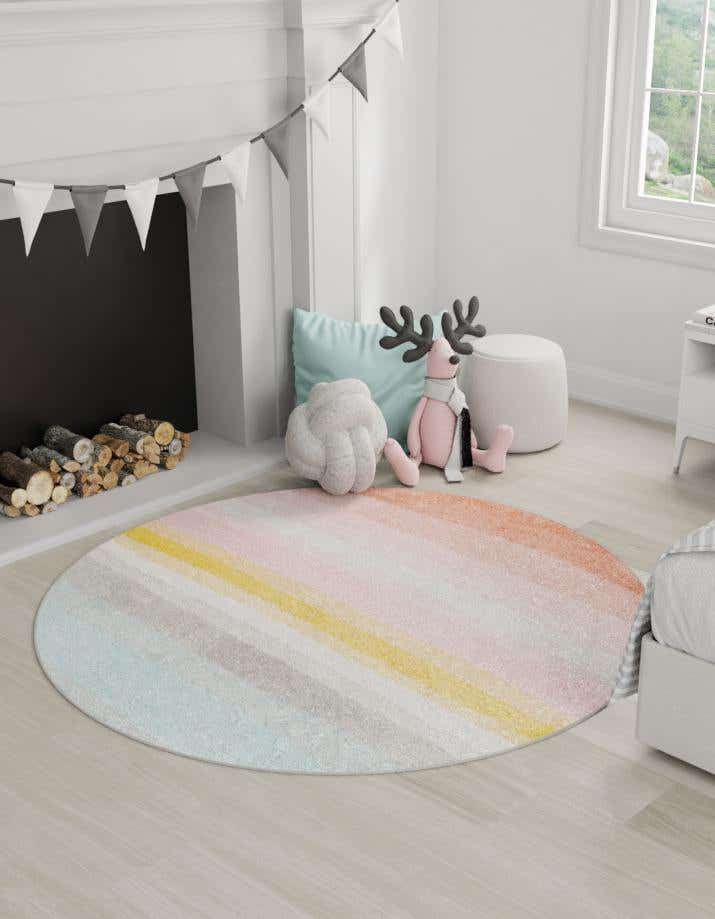Multicolor 7' 10 x 7' 10 Rainbow Stripes Whimsy Kids Round Rug | Rugs.com