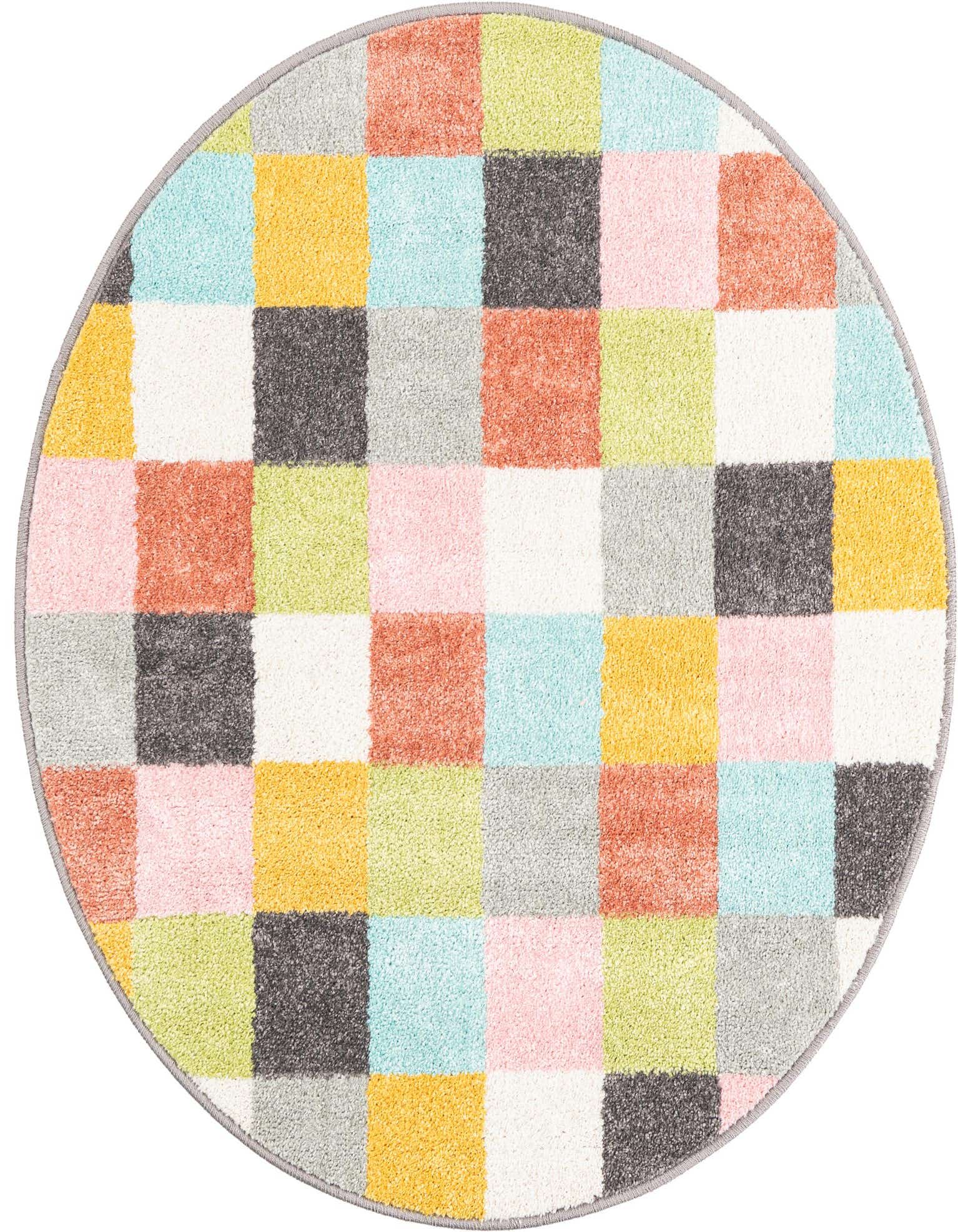 A round, multi-colored rug with a checkered pattern in various pastel and bright squares, including pink, blue, yellow, green, orange, gray, and white.