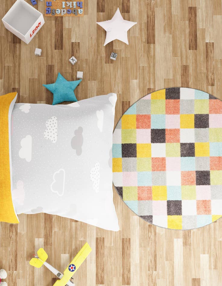 Detail image of  5' 3 x 5' 3 Checkered Whimsy Kids Round Rug