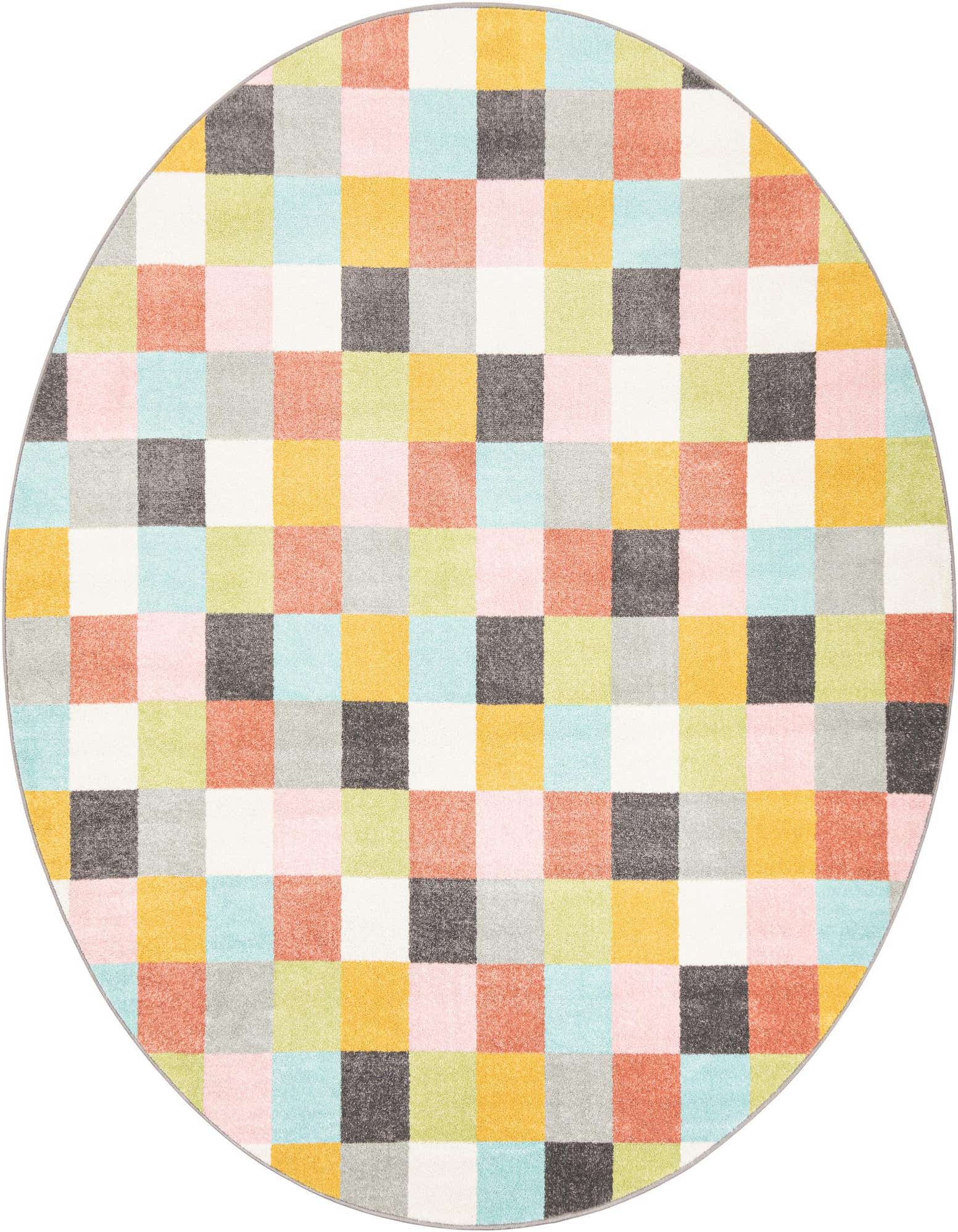 A round, multi-colored area rug featuring a vibrant checkerboard pattern in various shades of pink, blue, orange, yellow, green, gray, and white.
