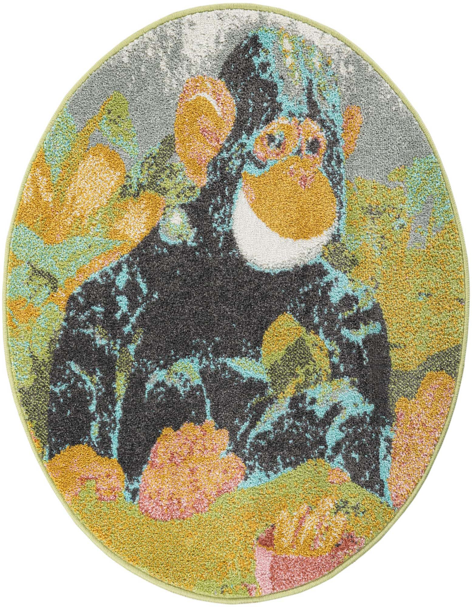 A round, multi-colored rug featuring a whimsical monkey design with orange, blue, and green accents, ideal for a child's room.