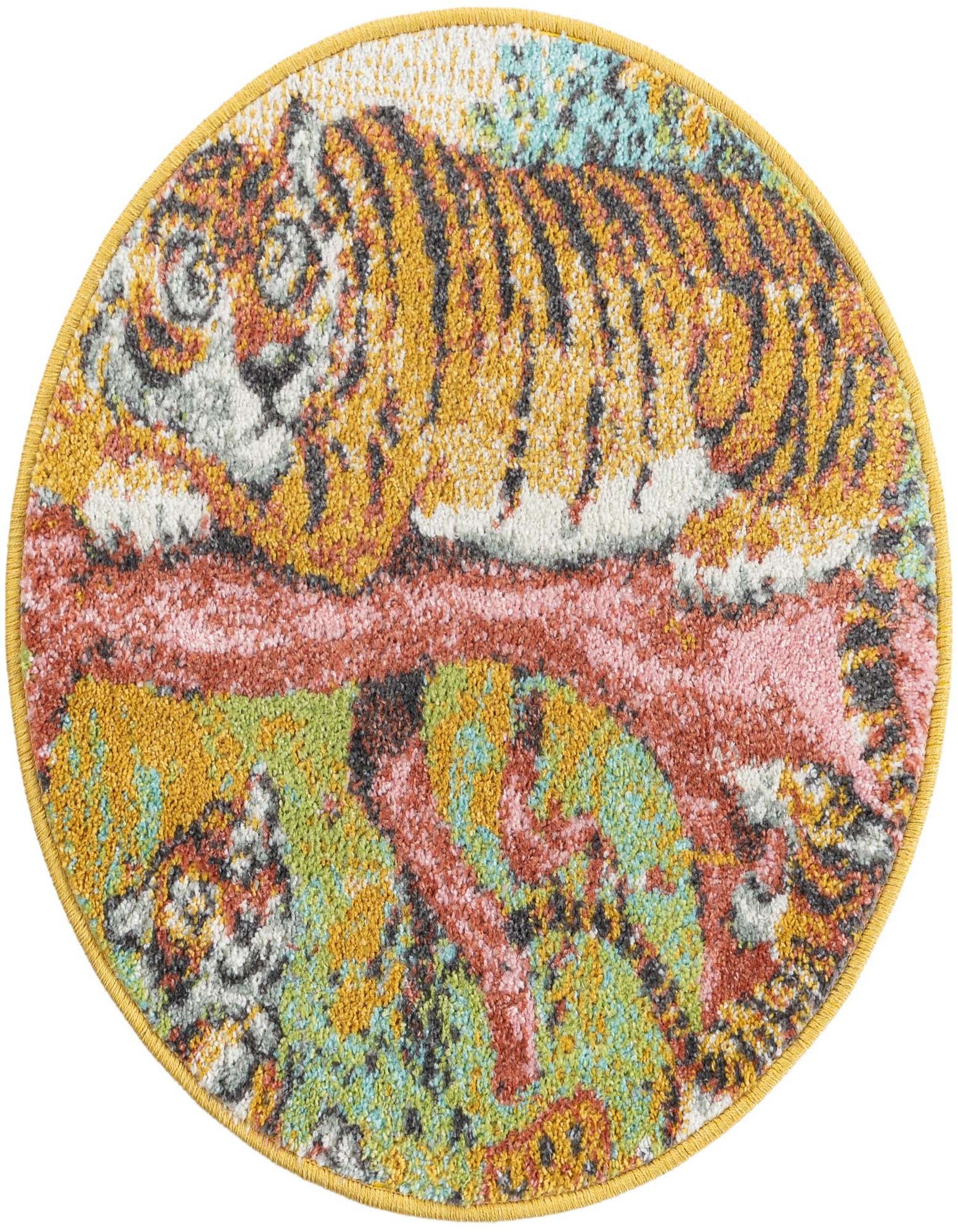 A vibrant round rug featuring a stylized orange and black tiger resting on a pink branch, surrounded by colorful foliage.