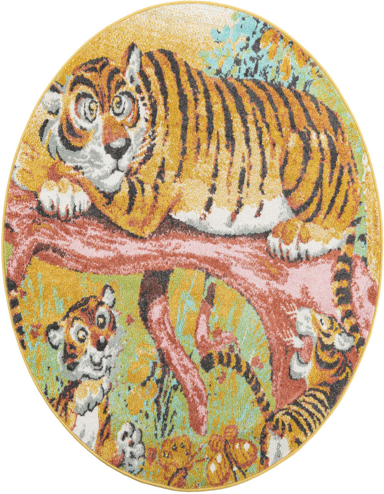 A round, multi-colored rug featuring a large tiger resting on a pink branch with two playful tiger cubs below.