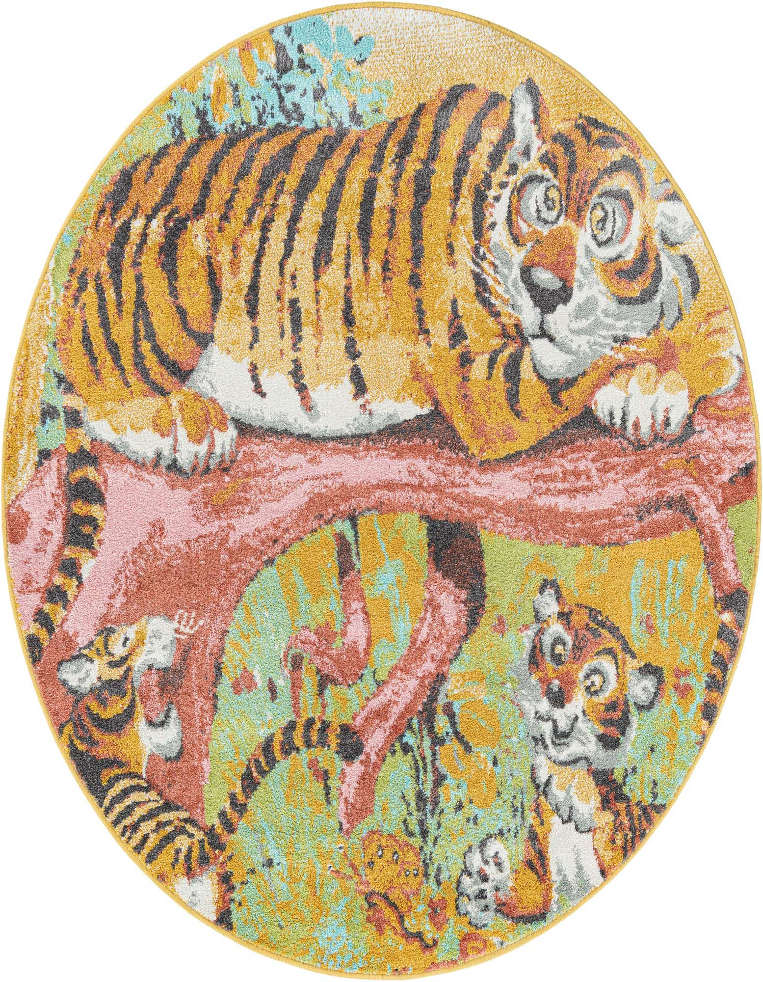 A round, multi-colored rug featuring a large cartoon tiger lounging on a pink tree branch, with two smaller tiger cubs below, set against a vibrant green and yellow jungle background.
