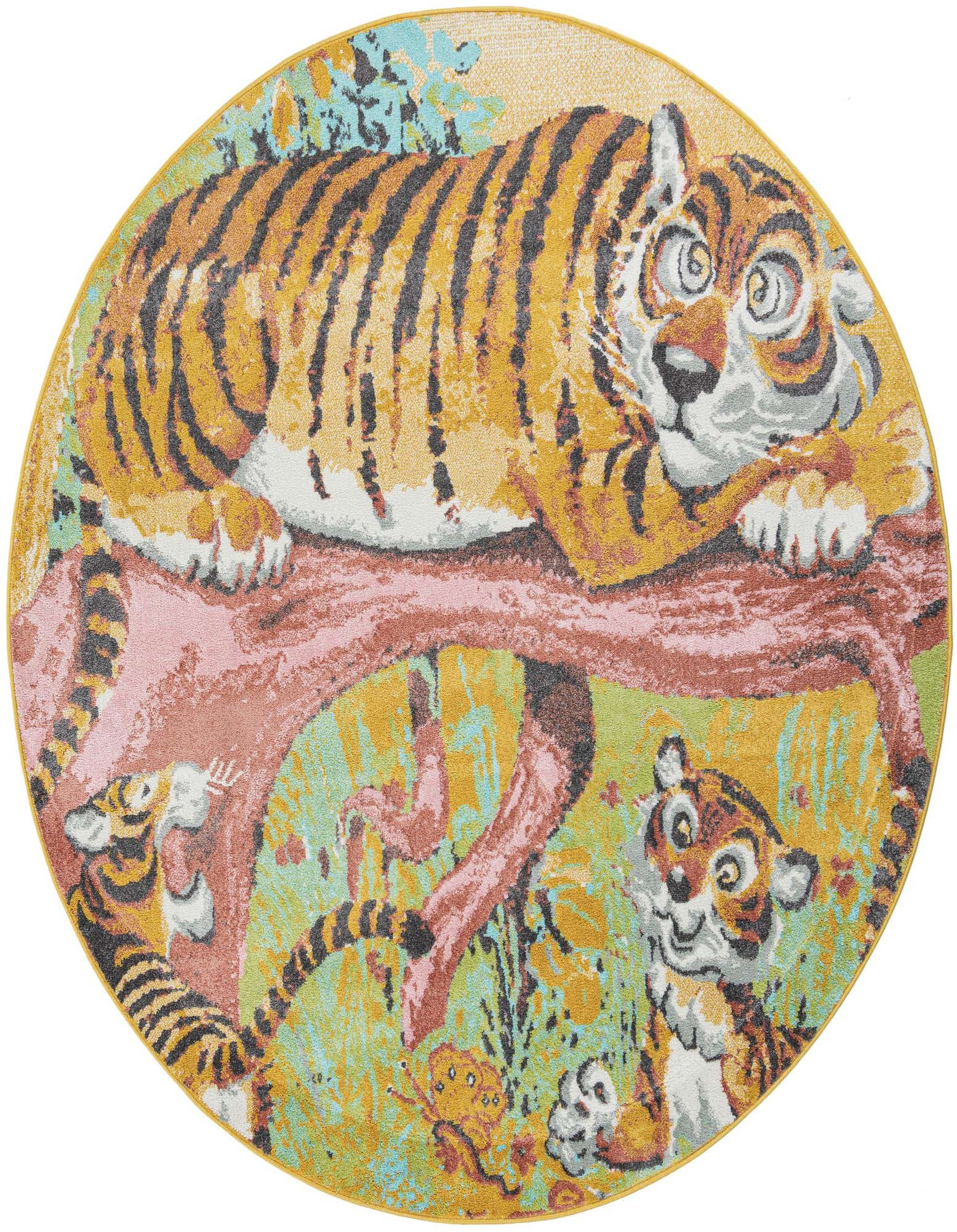 A vibrant round rug featuring a large cartoon tiger lounging on a pink branch, with two playful tiger cubs below, set against a multi-colored jungle background.