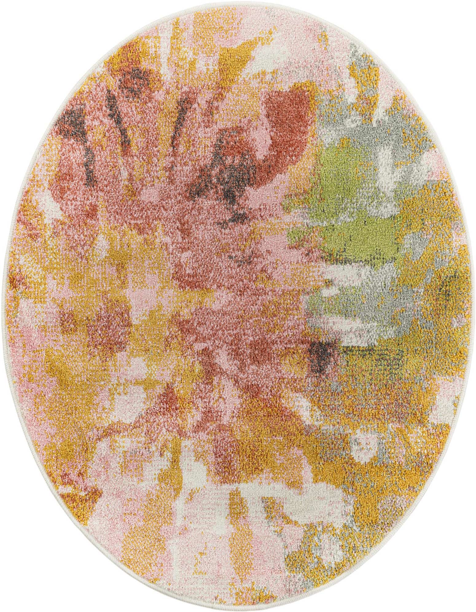 A vibrant 3' 3 x 3' 3 round rug featuring an abstract, multi-colored pattern with shades of pink, yellow, green, and white.